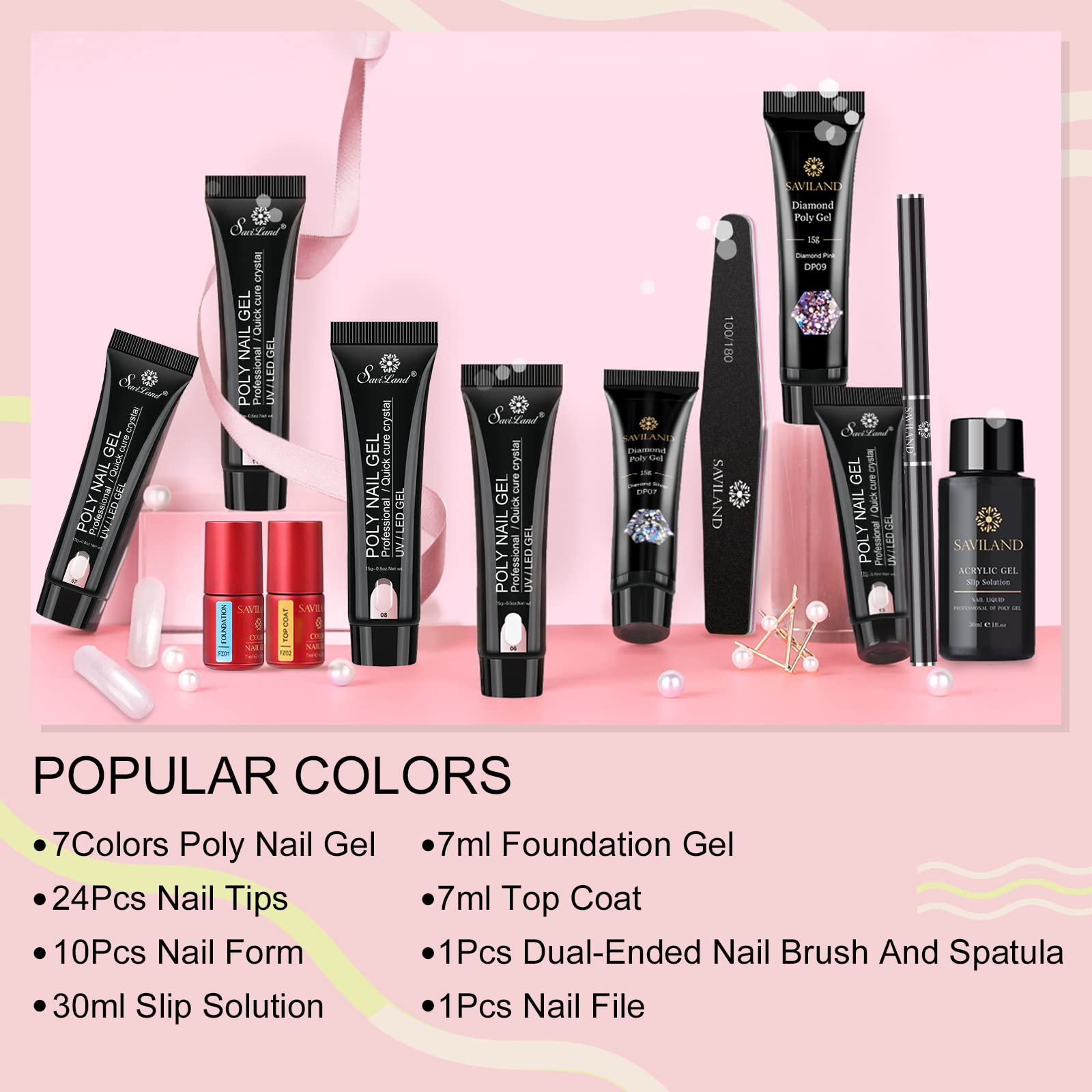 Saviland Nudes Poly Gel Nail Kit - 7 Colors Glitter Builder Gel for Natural Nail Extensions | Professional & Starter Manicure Set for Salon & Home Use | DIY Nail Enhancement for French Tips, Acrylics & Gel Polish Designs