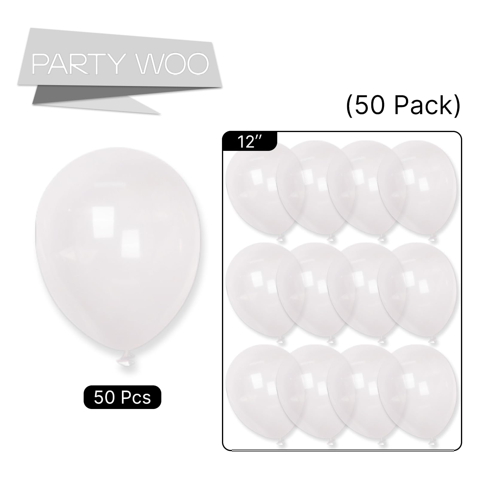 PartyWoo 50-Pack 12 Inch Clear Transparent Balloons for Graduation, Wedding, Engagement, Anniversary, Baby Shower, Gender Reveal & Birthday Party Decorations - Perfect for Indoor & Outdoor Celebrations