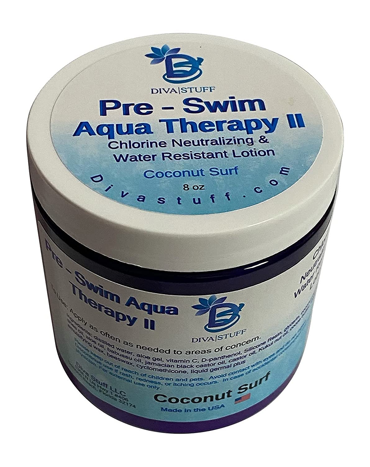 **Diva Stuff Pre-Swim Aqua Therapy Chlorine Neutralizing Body Lotion - Coconut Surf Scent, Water-Resistant Formula for Skin Protection Against Chlorine & Saltwater | Ideal for Swimming, Beach & Pool Days**