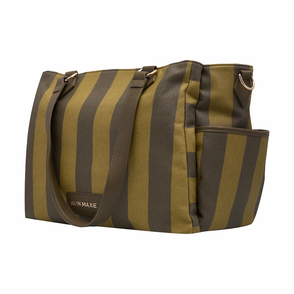 Stylish Khaki Stripe Carryall Tote Bag with Matching Pouch - Perfect for Work, Travel & Everyday Use
