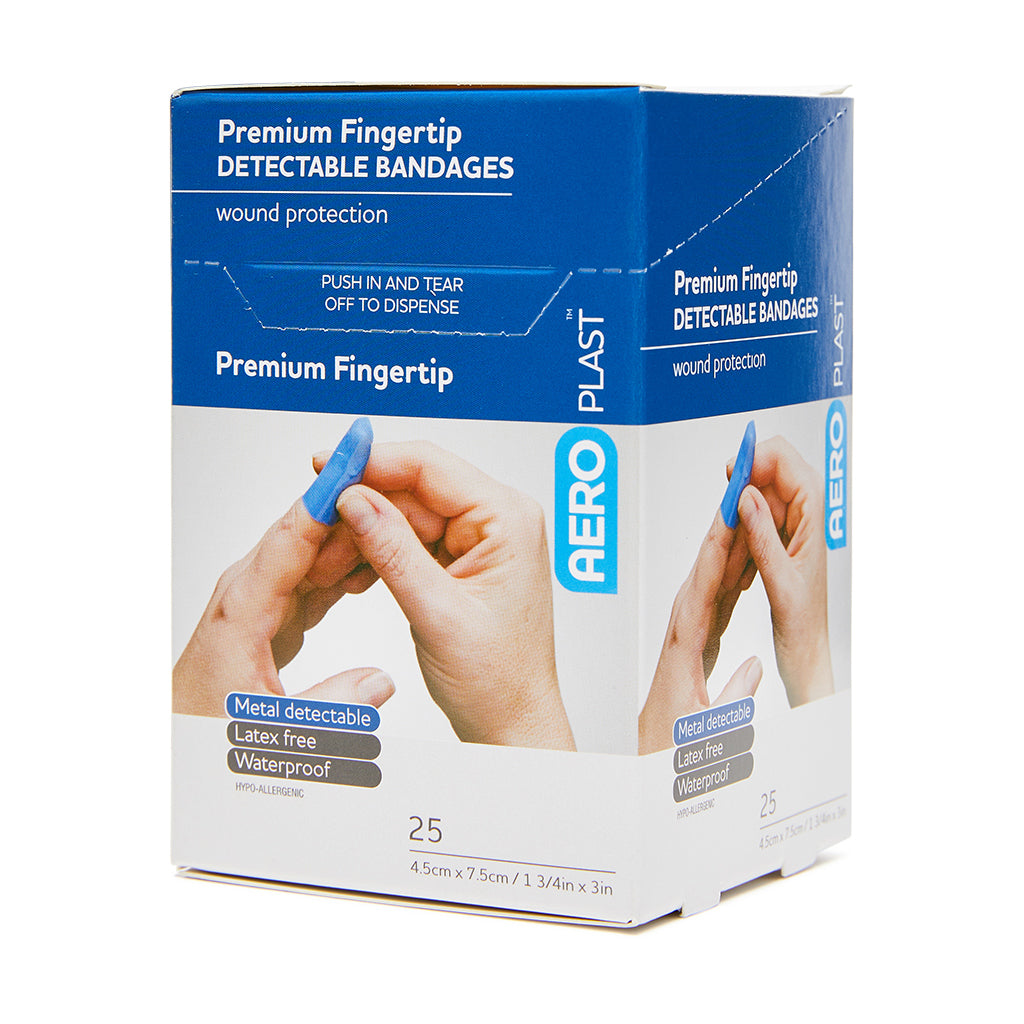 Blue Detectable Fingertip Bandages - Large Size (25 Count) - Food Safe & Latex Free Wound Care for Kitchen, Restaurant & Industrial Use