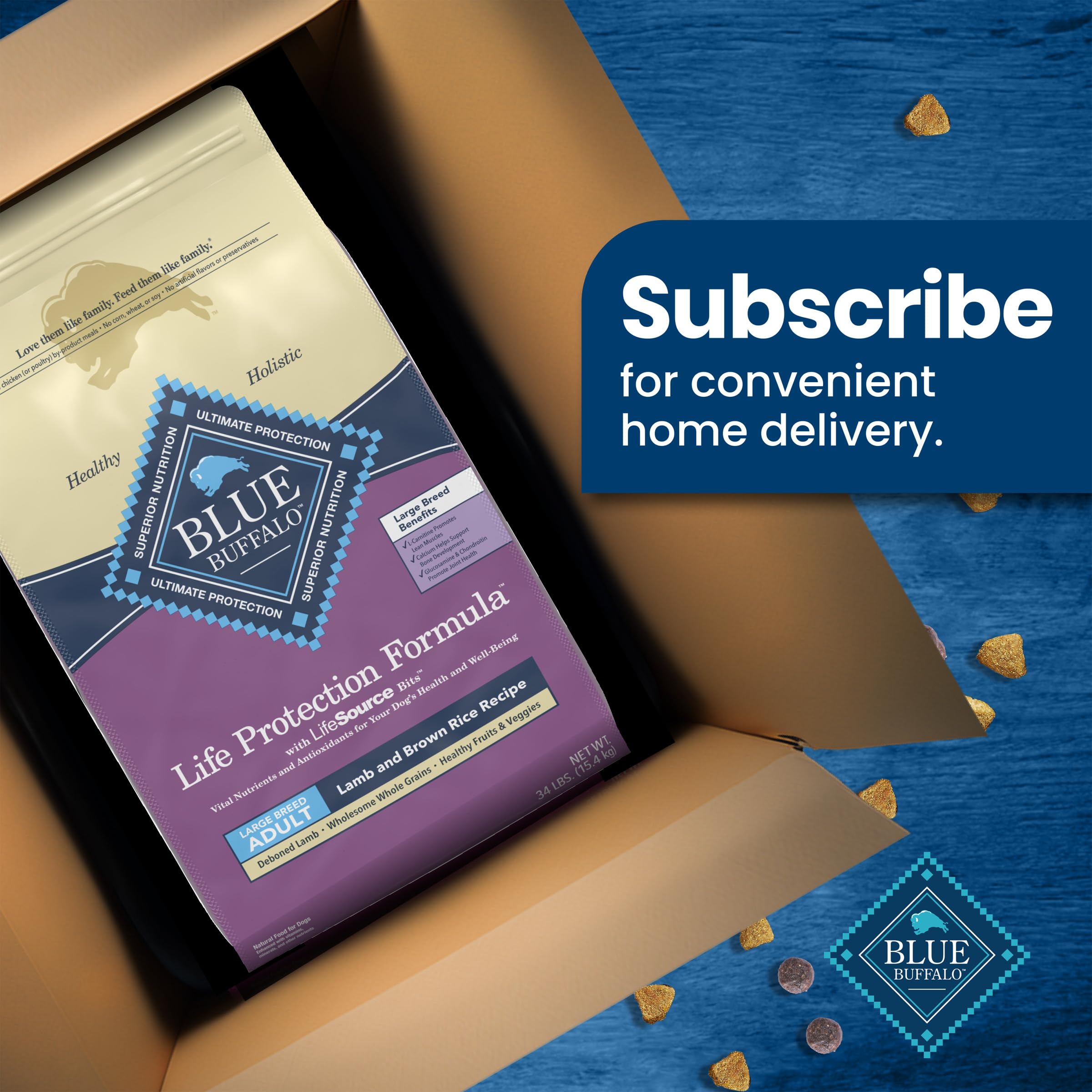Blue Buffalo Life Protection Formula Large Breed Adult Dry Dog Food - Natural Lamb & Brown Rice Recipe for Joint Health & Lean Muscles, 34lb Bag | Ideal for Active Large Dogs & Senior Canine Care