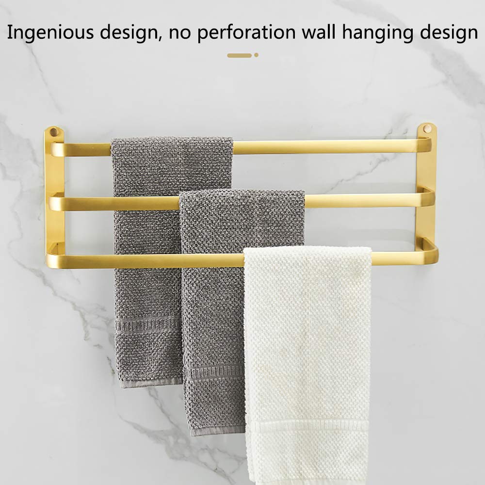 Brushed Gold Aluminum Towel Rack - Heavy Duty 3-Bar Wall Mounted Towel Holder (40cm) for Bathroom, Kitchen & Hotel Use | Space-Saving Dual Installation Design