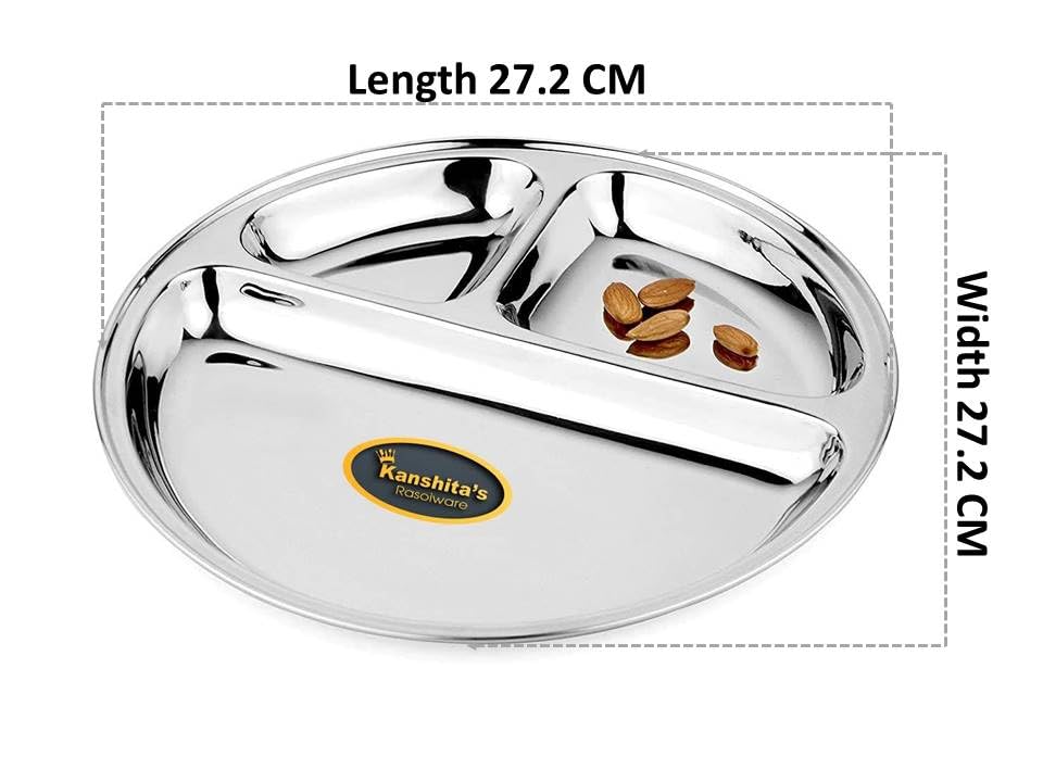 Kanshita's Premium Stainless Steel 3-Compartment Divided Thali Plate - Ideal for Lunch, Dinner & Indian Meals (Pack of 1) | Perfect for Home Dining, Office Meals & Restaurant Serving