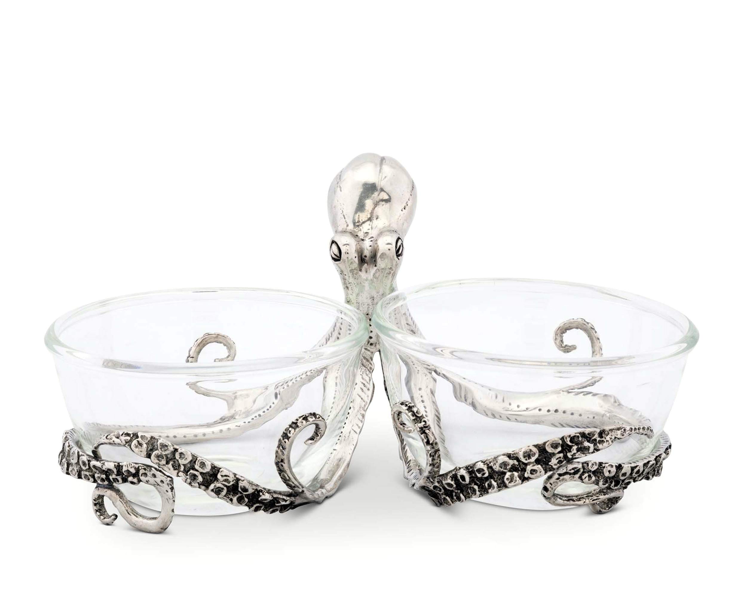 Vagabond House Pewter Octopus with Twin Glass Bowls - 10 Inch Long Snack, Nut & Food Serving Dish - Perfect for Parties, Home Decor & Gift Giving