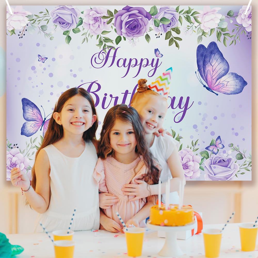 7x5Ft Purple Butterfly Happy Birthday Backdrop with Rose Flowers - Girls Birthday Party Decor, Cake Table Banner & Photography Background for Birthday Celebrations, Baby Showers & Special Events
