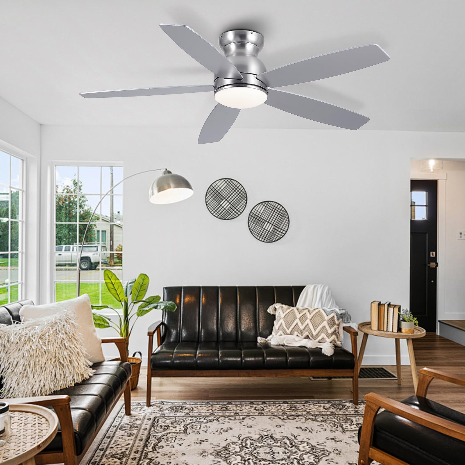 52 Inch Low Profile Ceiling Fan with Light and Remote - Flush Mount DC Motor, 3 Color Dimmable LED, Reversible Modern Design for Living Room, Kitchen, Bedroom - Perfect for Small Spaces and Energy-Efficient Home Cooling