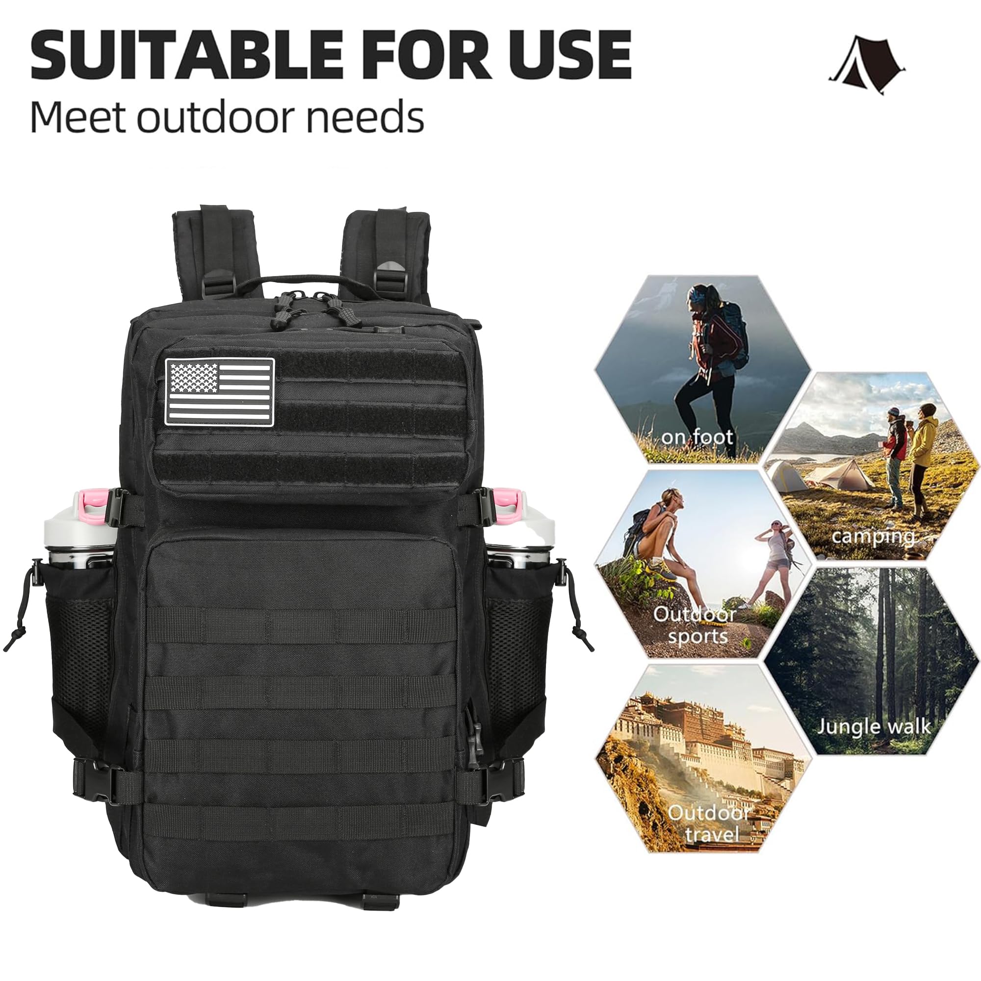 Lovelinks21 45L Tactical Assault Backpack - 3 Day Military Molle Waterproof Rucksack for Outdoor Camping, Hiking & Survival Gear (Black)