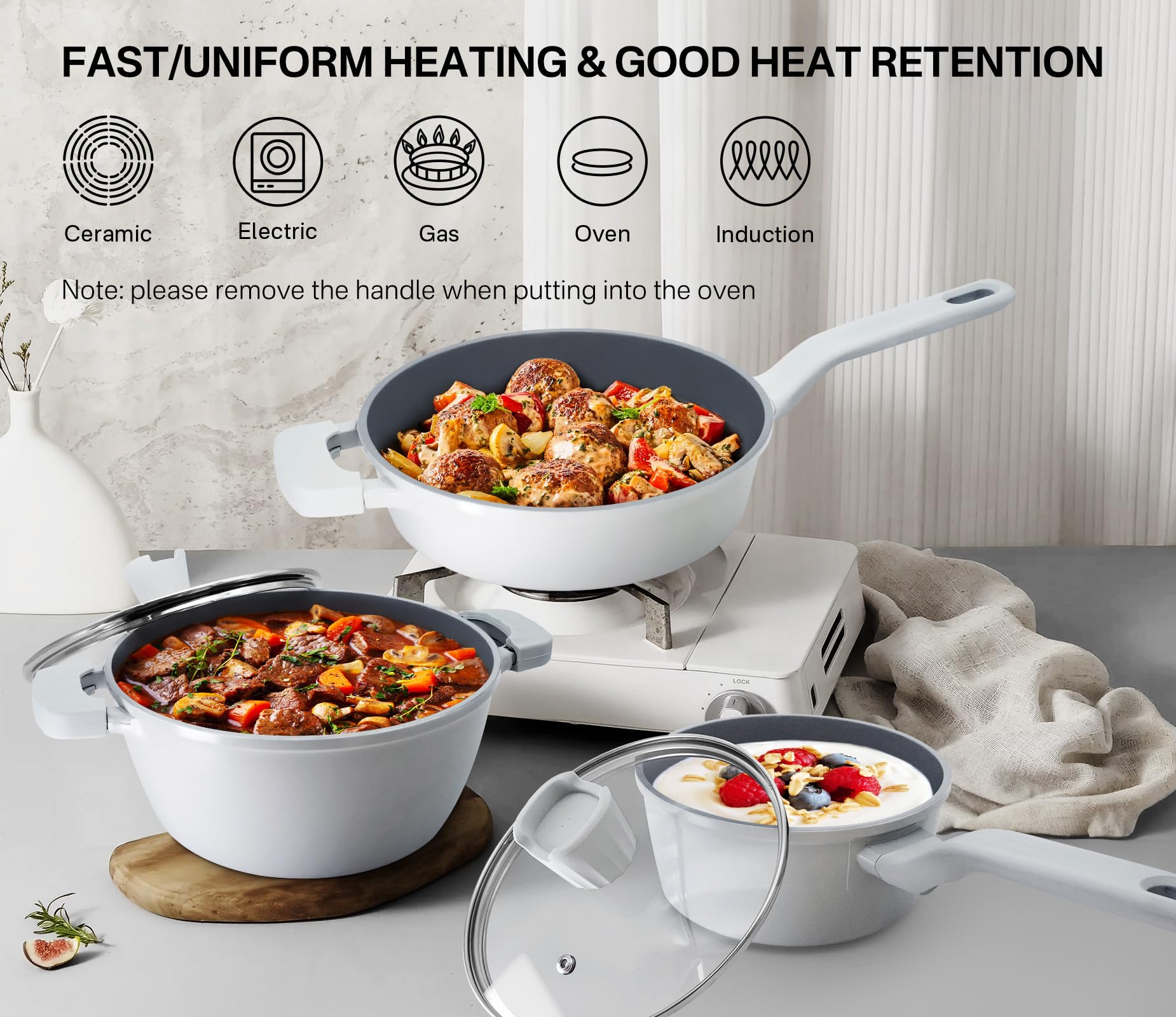Nonstick Pots and Pans Set - 6 Piece Ceramic Coated Cookware with Detachable Handles (Frying Pan, Saucepan, Stockpot) | Dishwasher & Oven Safe | Induction Compatible | Perfect for Frying, Boiling, Stewing & Everyday Cooking