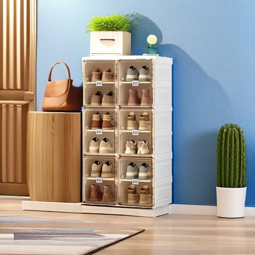 Portable Folding Shoe Organizer with Magnetic Clear Door - 6-Tier Sneaker Storage Cabinet for Closet, Sturdy & Easy Assembly (12 Grids) - Perfect for Small Spaces, Dorm Rooms & Apartment Organization