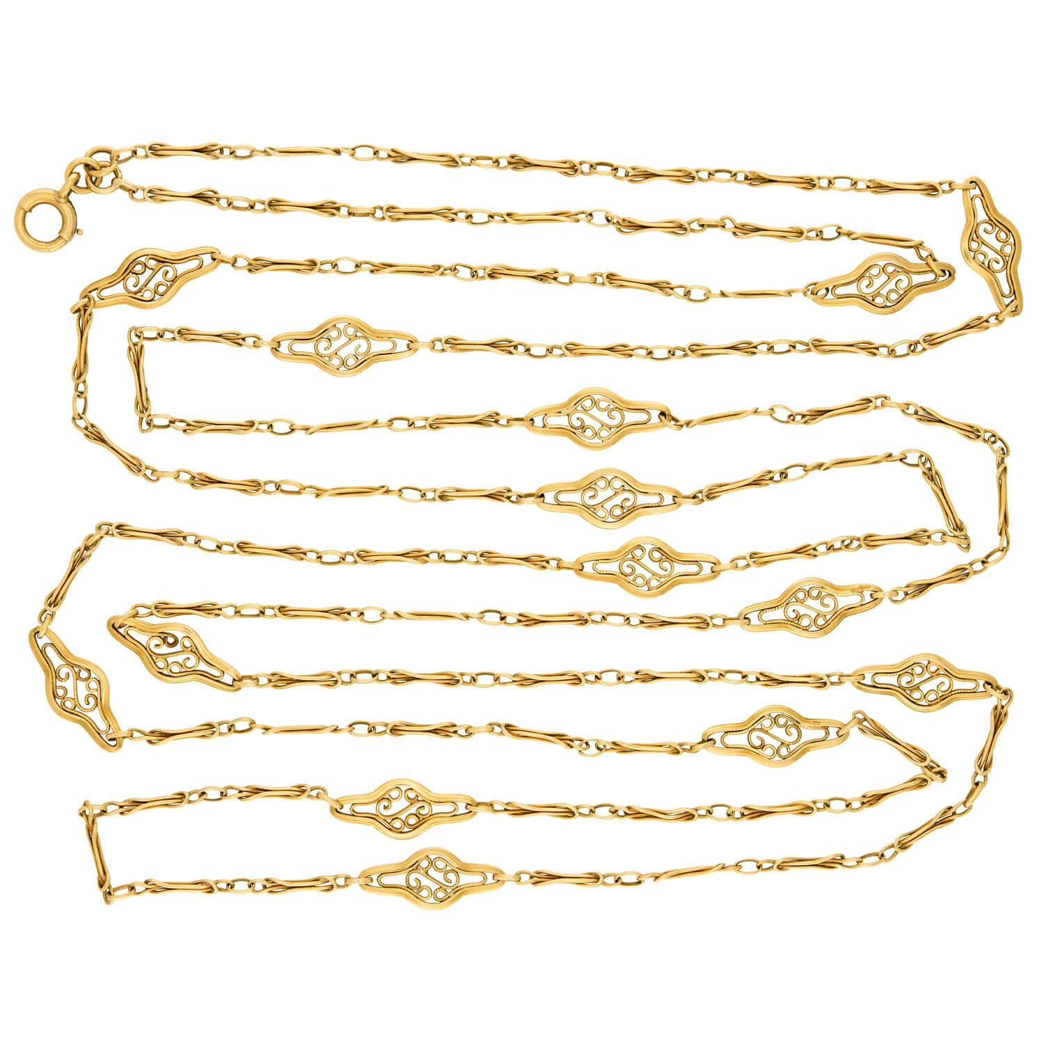 18K Gold Art Nouveau Style Chain Necklace - 60cm Elegant Vintage Jewelry for Women, Perfect for Weddings, Parties & Special Occasions