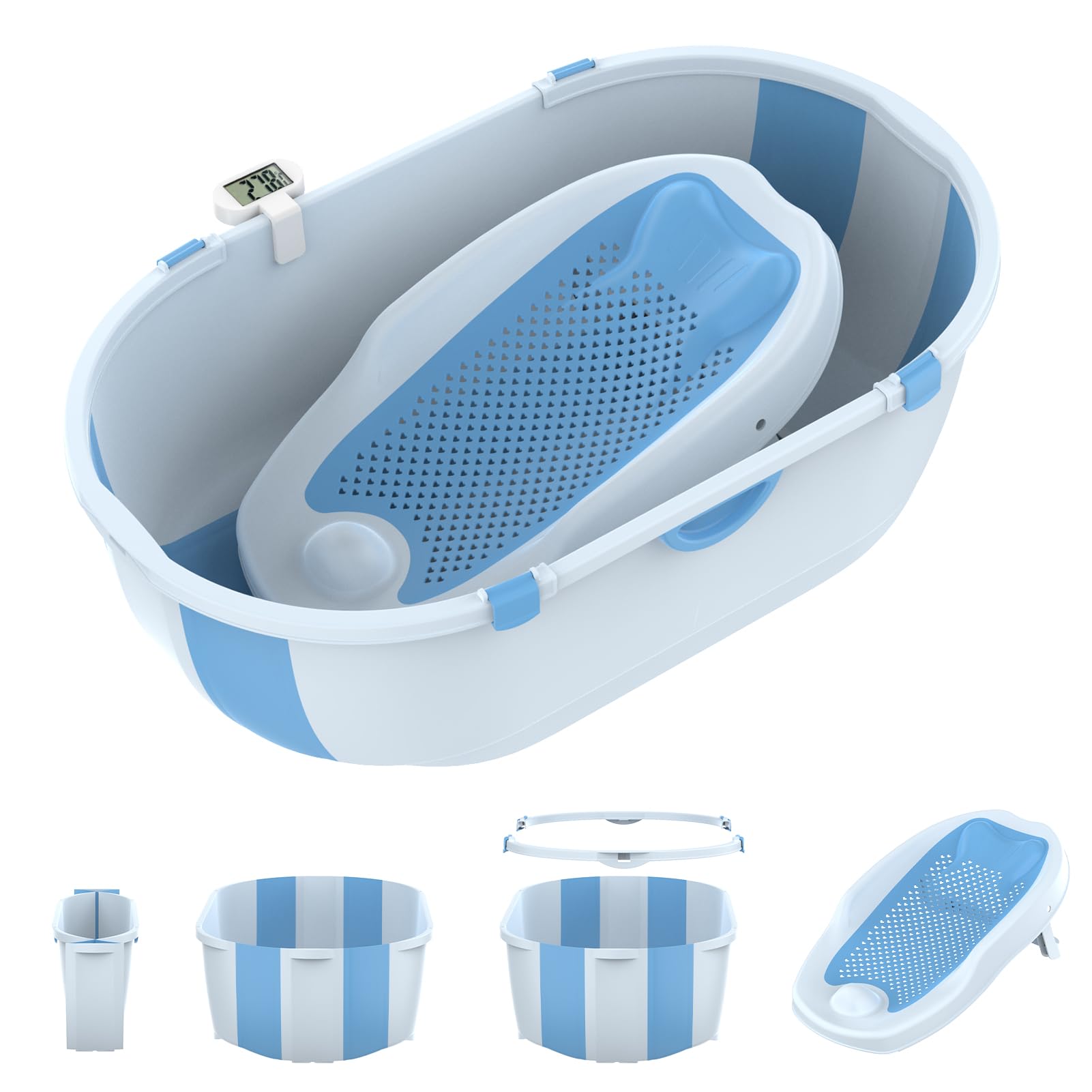 Foldable Baby Bathtub with Stand & Built-in Thermometer | Portable Infant Bath Tub with Drain Plug | Non-Slip Design for Newborns to 5 Years Old (Blue) | Perfect for Home, Travel & Daycare Use