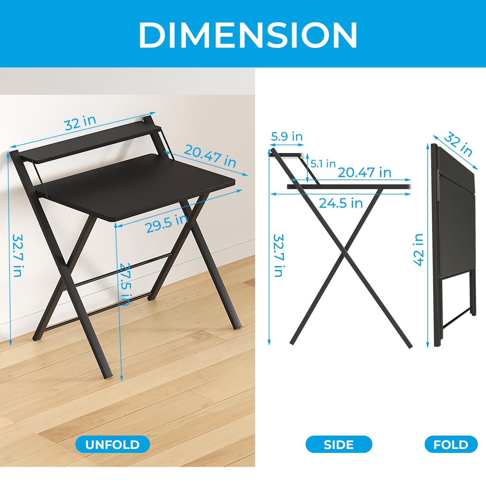 GreenForest Folding Desk - No Assembly Required Large Computer Desk with 2-Tier Shelf | Space Saving Portable Laptop Study Table for Home Office, Bedroom & Small Spaces | Perfect for Remote Work, Online Classes & Compact Living (Black)