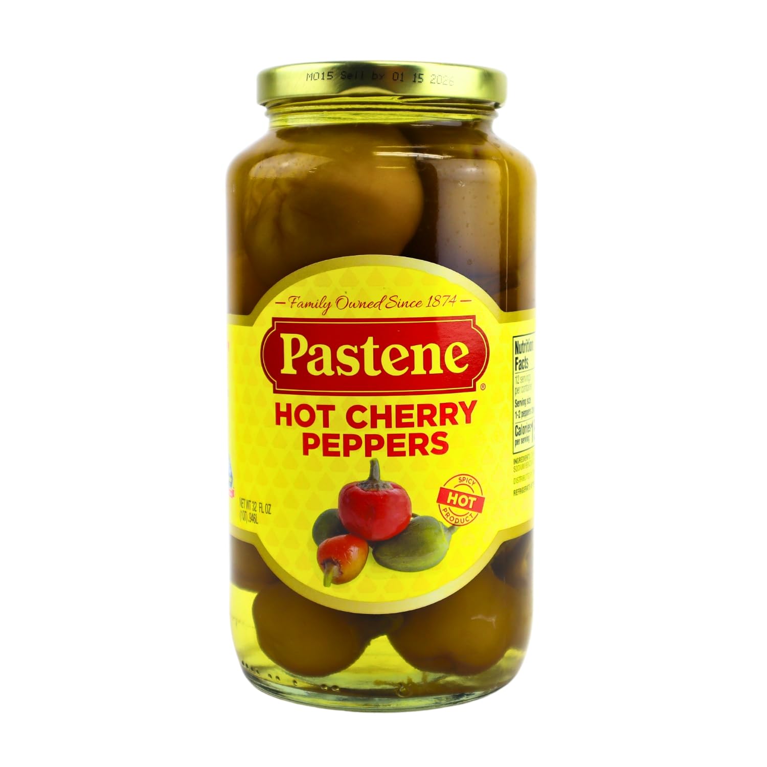 Pastene Hot Cherry Peppers - Spicy Pickled Peppers in Brine (1 Pack, 16 oz) - Perfect for Sandwiches, Pizza Toppings & Antipasto Platters