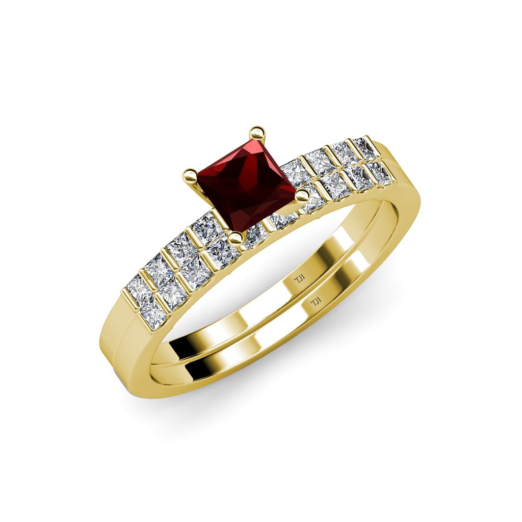 1.50ctw Red Garnet & Diamond Engagement Ring & Wedding Band Set in 14K Yellow Gold – Perfect for Proposals, Anniversaries & Bridal Jewelry