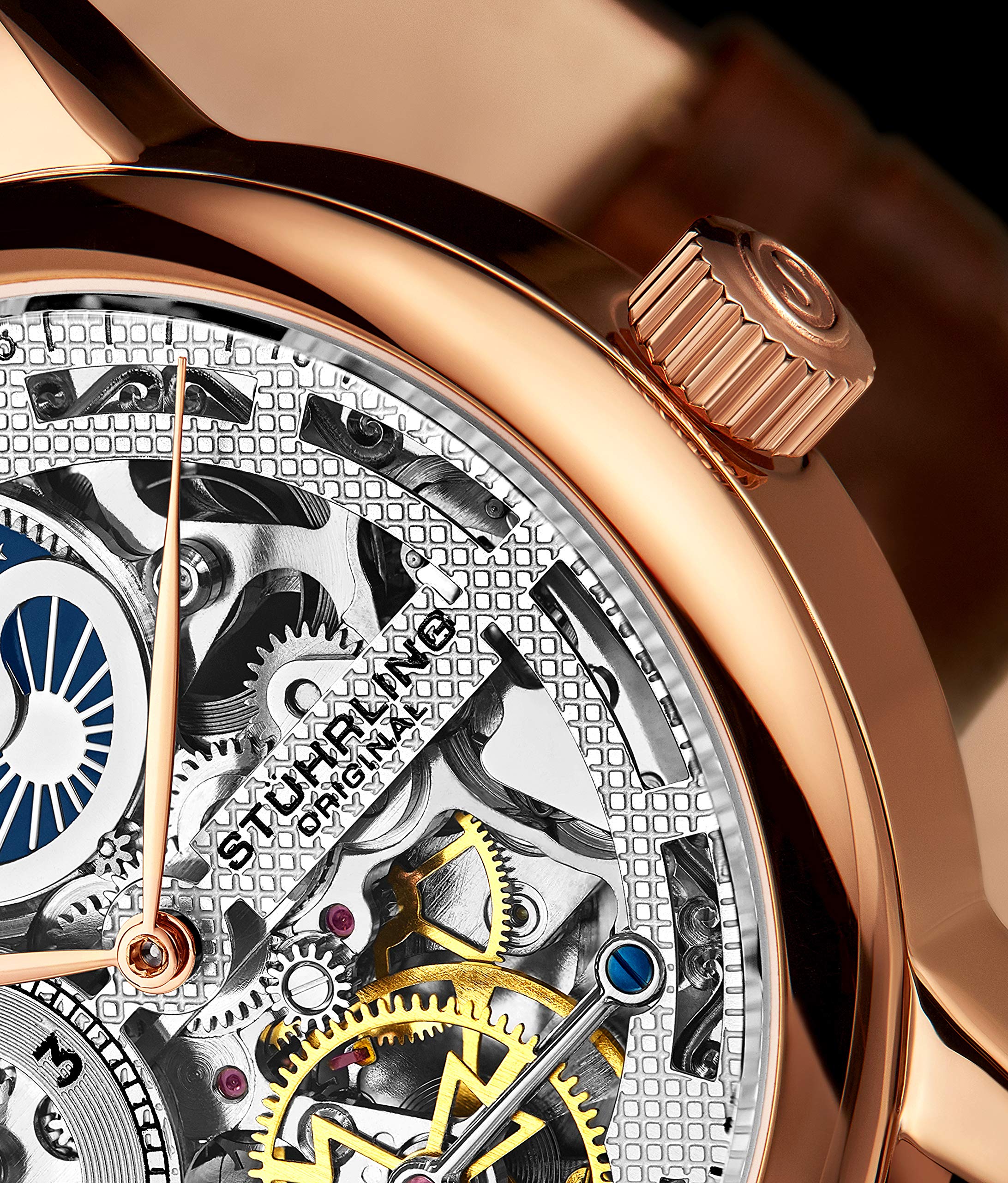 Stührling Original Men's Skeleton Automatic Watch with Dual Time, AM/PM Sun Moon Display & Genuine Leather Band - Luxury Legacy Collection for Business, Formal Events & Gift Giving