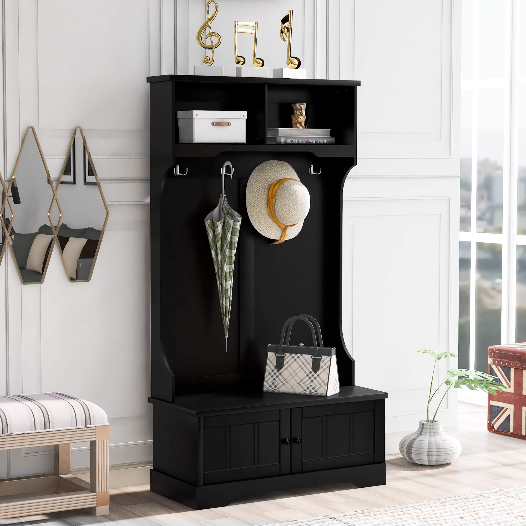 Modern 3-in-1 Hall Tree Entryway Bench with Storage Shelves, Cabinet & 4 Hooks - Space-Saving Entryway Organizer for Living Room, Foyer & Mudroom (Black) - Perfect for Shoes, Coats & Home Decor Storage