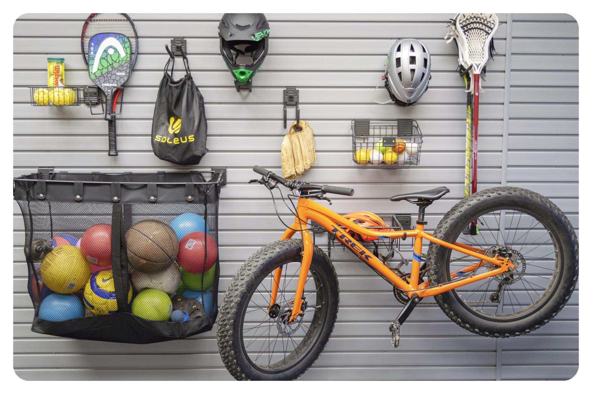 Slatwall Sports Accessory Kit with Locking Bracket Hooks - Wall Organization System for Gym Equipment Storage | Perfect for Home Gyms, Sports Retail Stores & Garage Organization