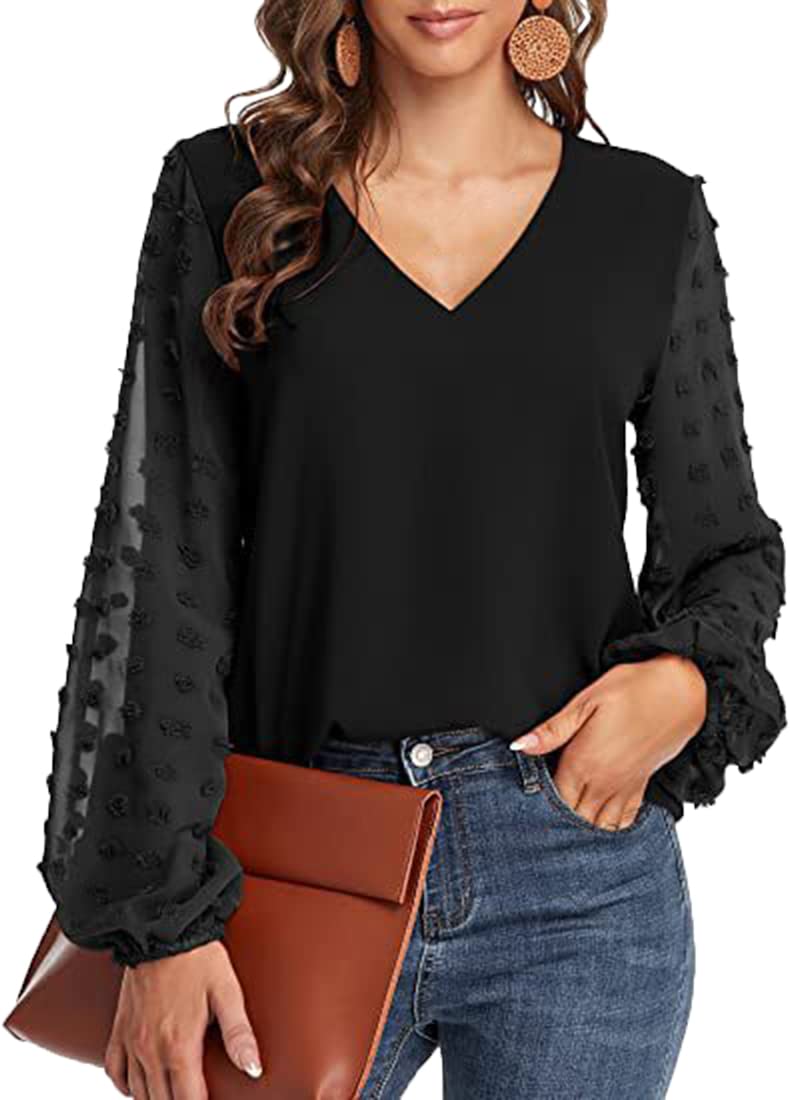 FLYCHEN Women's Chiffon Blouse V-Neck Long Sleeve Loose Top with Pom Pom Details - Elegant Casual Shirt for Office, Party & Everyday Wear