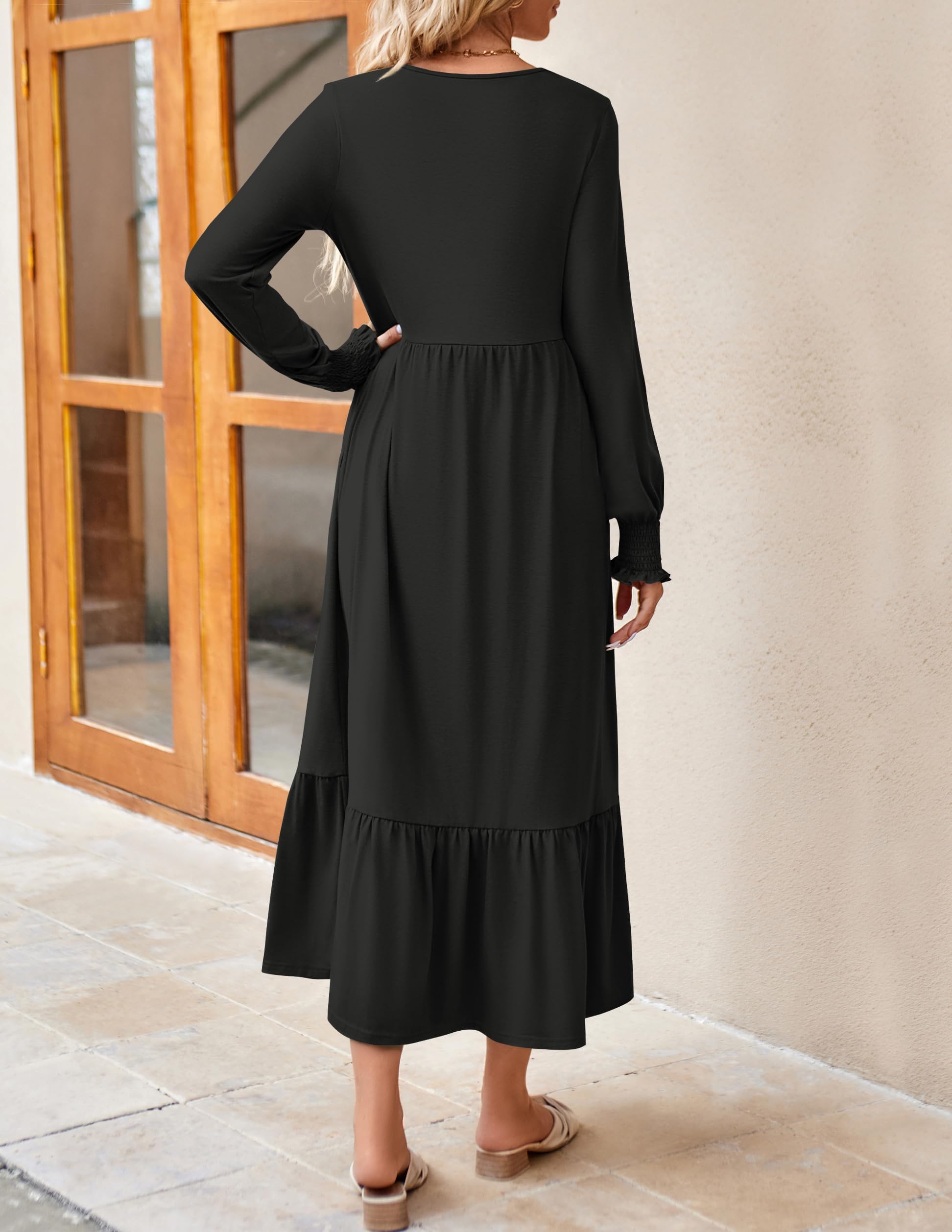 ZESICA Women's Long Sleeve Pleated Swing Dress - 2025 Spring Casual Crewneck Midi Dress with Pockets | Loose Tiered Flowy Design for Work, Date Night & Weekend Outings