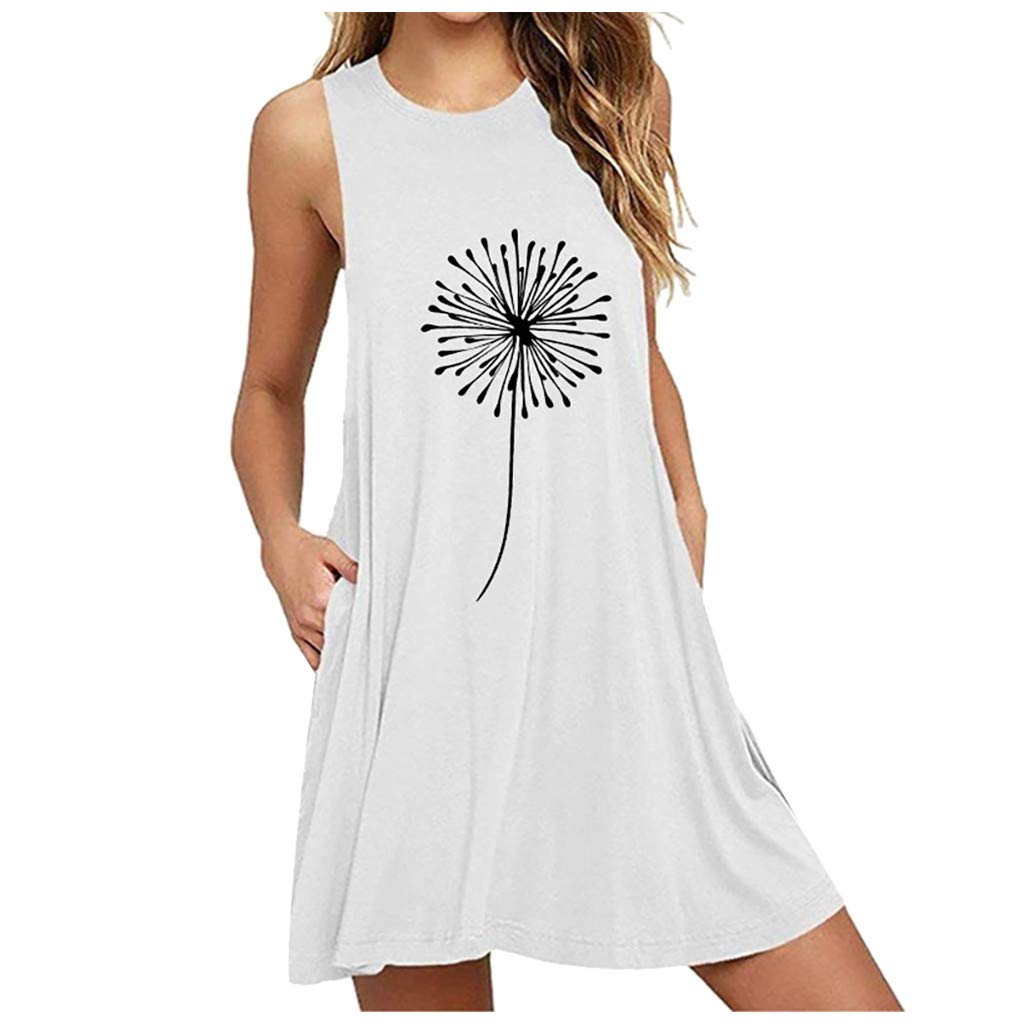 Women's Summer & Spring Casual Dresses 2022 - Sleeveless Modern Pocket Dress with Dandelion Print, Nightdress for Lounge & Sleep - Most Wished for Choice 5861 | Perfect for Beach Outings, Date Nights & Relaxing at Home