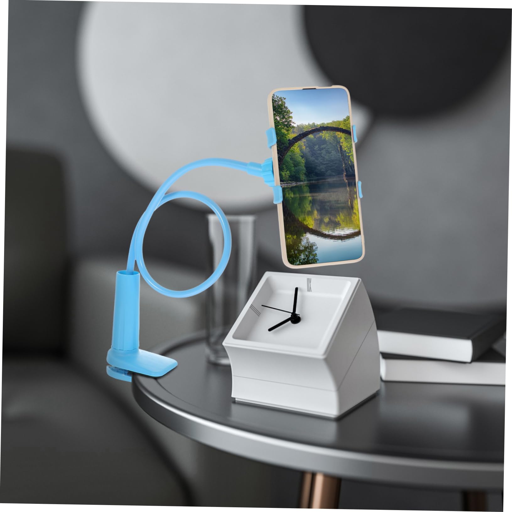 Sturdy Dual Clamp Phone Stand Holder for iPhone, iPad, Tablet - Adjustable & Portable Blue - Perfect for Desk, Office, Video Calls, Cooking, Reading & Hands-Free Viewing