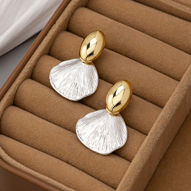 Textured Two Tone Abstract Fan Shaped Shell Drop Earrings for Women | R2690 | Boho Beach Wedding Party Jewelry Gift