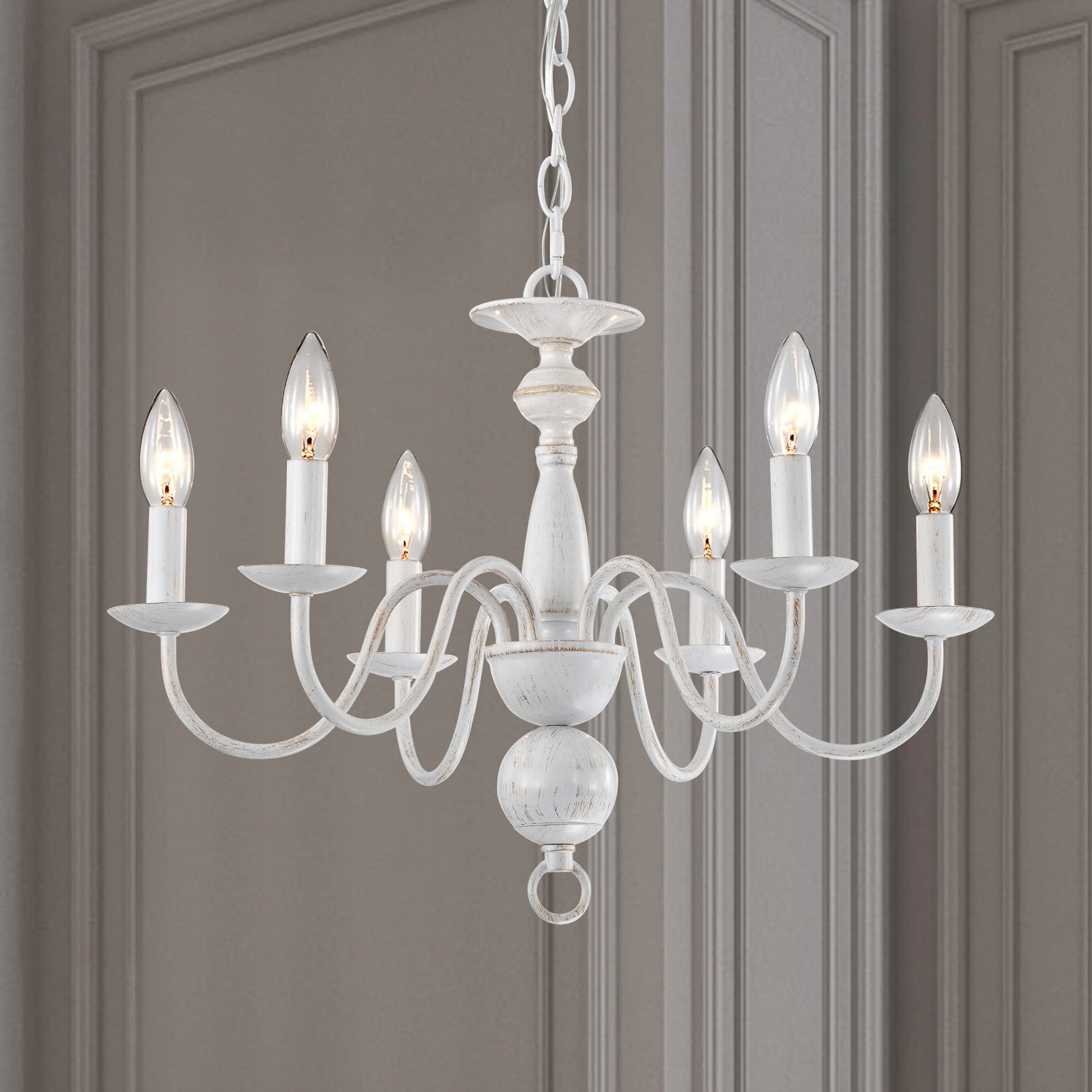 French Country Chandelier - 6-Light Rustic Farmhouse Lighting Fixture in White | Modern Dining Room Chandelier for Kitchen Island, Foyer & Bedroom Decor