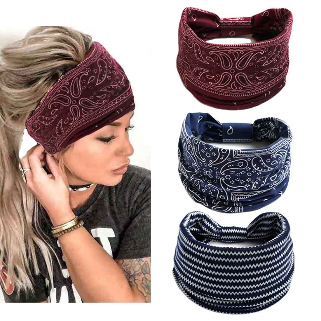 3PCS Boho Bandeau Headbands - Wide Knot Stretch Elastic Floral Printed Hairbands for Women & Girls | Yoga, Workout, Sports & Fashion Accessories | Stylish Fabric Turban Headwraps & Hair Accessories