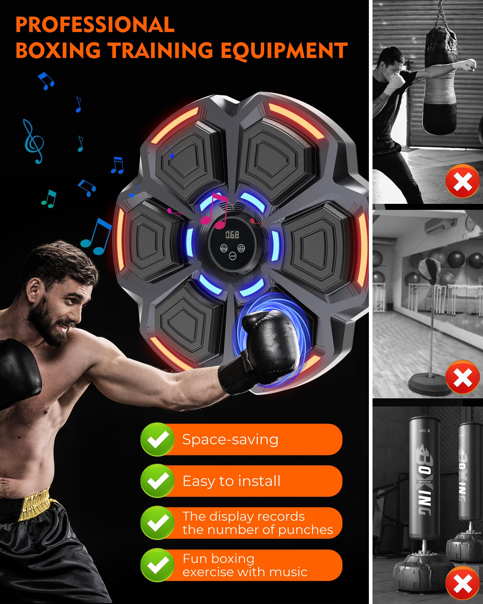 Snawowo Bluetooth Music Punching Bag for Adults - LED Boxing Training Equipment with Gloves, 9 Modes & 9 Speeds, Wall Mounted Home Gym Workout Machine for Indoor Fitness & Stress Relief | Perfect for Home Gym, Boxing Training, Cardio Exercise & Stress Management
