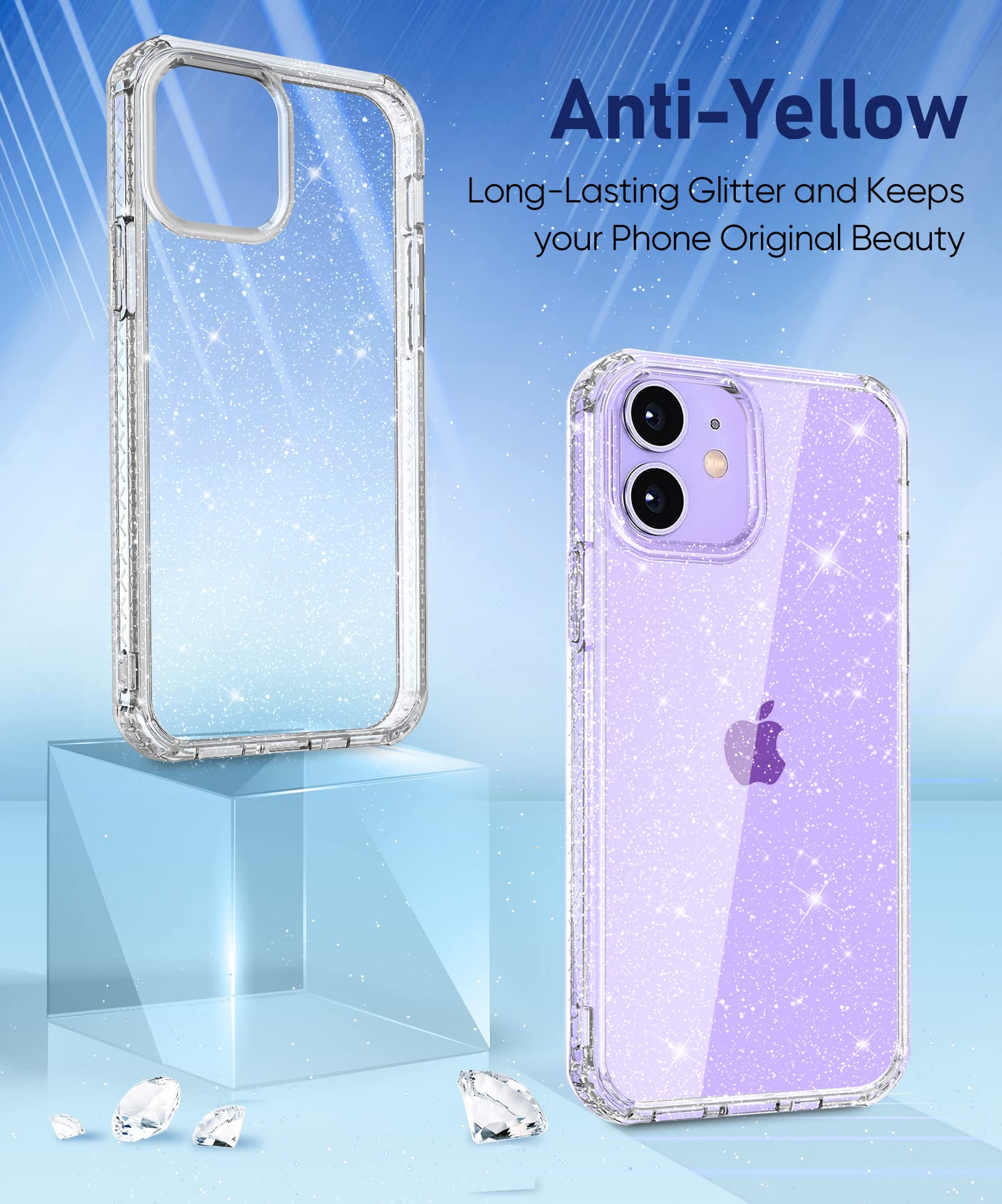 MIODIK Clear Glitter Shockproof iPhone 12/12 Pro Case with Phone Stand | Non-Yellowing Slim Protective Cover for Women & Girls | 6.1 Inch Sparkle Design | Perfect for Daily Use, Work & Travel Protection