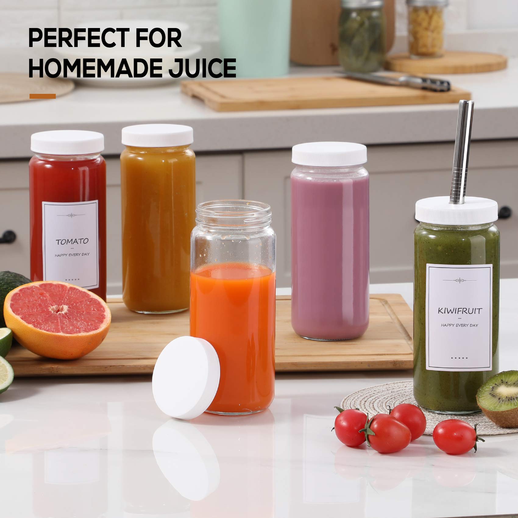 8 Pack 16oz Glass Juice Bottles with 2 Straws & 2 Lids - Reusable Mason Jars for Juice, Smoothies, Bubble Tea, Kombucha - Leakproof Travel Drinking Cups with White Airtight Lids - Perfect for Home, Office, Gym & Outdoor Activities