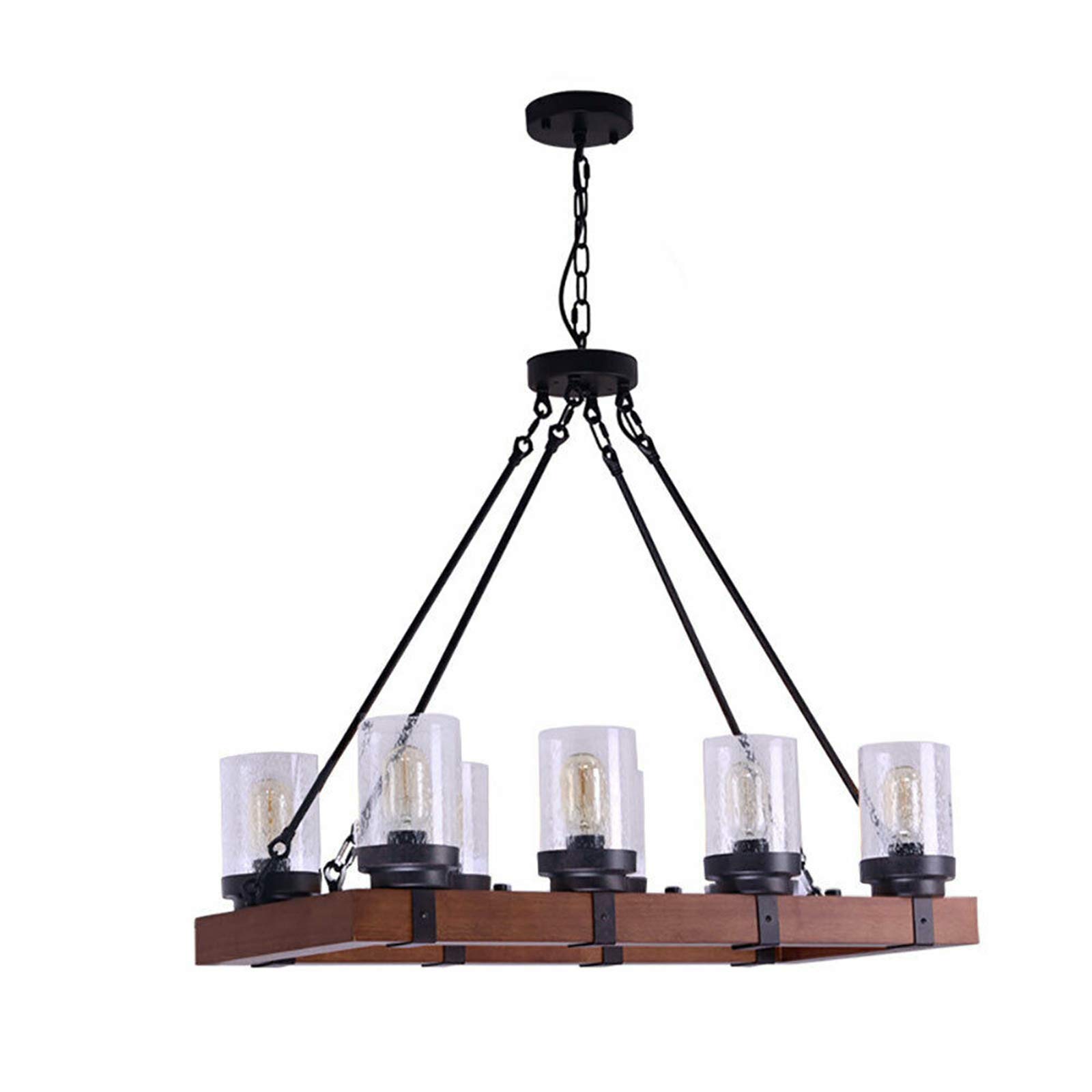 480W Retro Industrial Style 8-Light Wooden Pendant Ceiling Lamp with Adjustable Chain - Candle Glass Lighting Fixture for Restaurant, Kitchen, Farmhouse, Pub & Home Decoration (Black)
