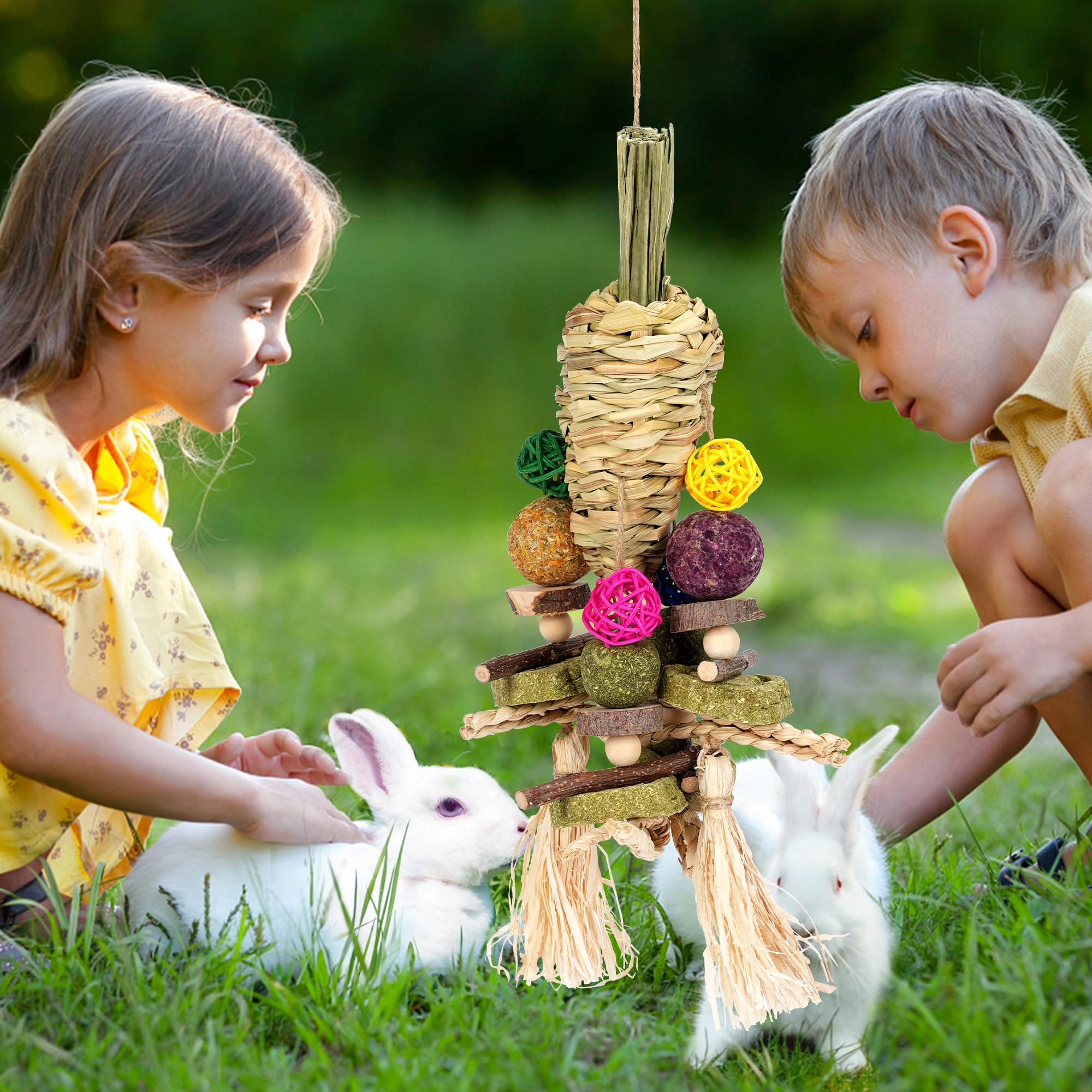 Natural Woven Carrot Chew Toys for Rabbits, Guinea Pigs, Hamsters & Small Pets - Hanging Cage Treat Dispenser with Snacks - Perfect for Teeth Grinding & Boredom Relief - Great for Cage Enrichment & Playtime