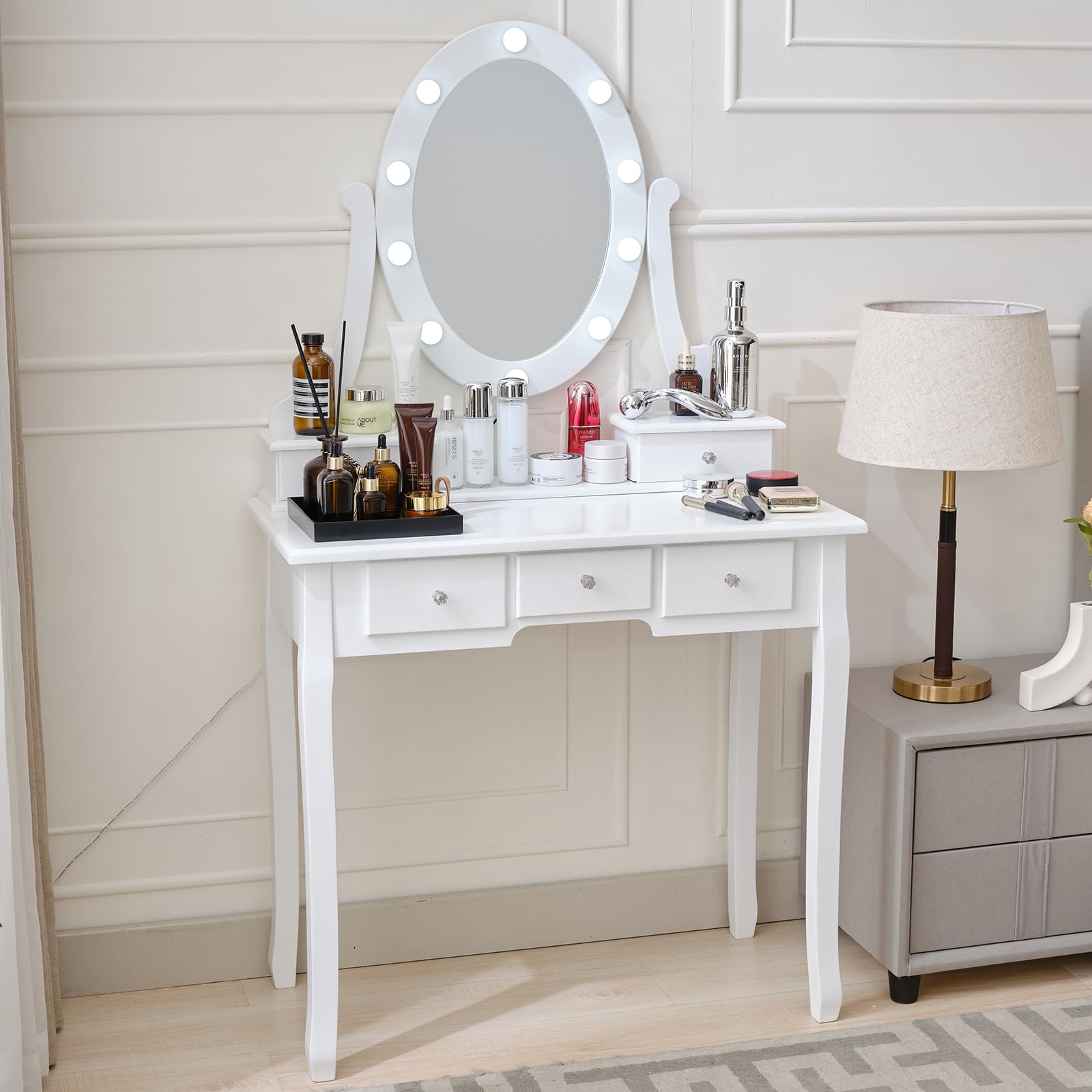 Lighted Makeup Vanity Table with Mirror - 5 Large Drawers Dressing Desk for Women & Girls, White | Perfect for Bedroom, Dorm Room & Beauty Salon Organization