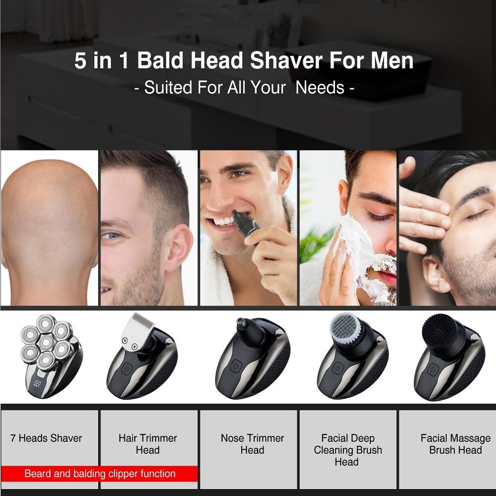 5-in-1 Electric Head Shaver for Men - Wet/Dry Rechargeable Hair Trimmer with 7D Floating Blades & Clipper Attachment | Perfect for Bald Head Shaving, Beard Trimming & Body Grooming at Home or Travel