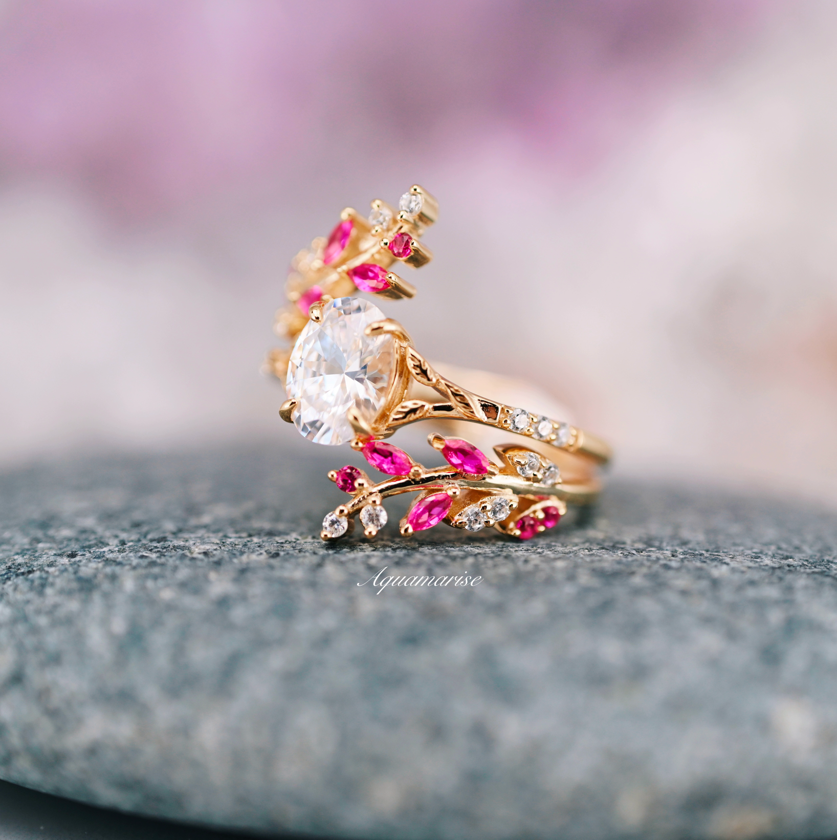 14K Yellow Gold Vermeil Ruby & Diamond (CZ) Leaf Engagement Ring Set - Perfect for Proposals, Anniversaries, and Special Occasions