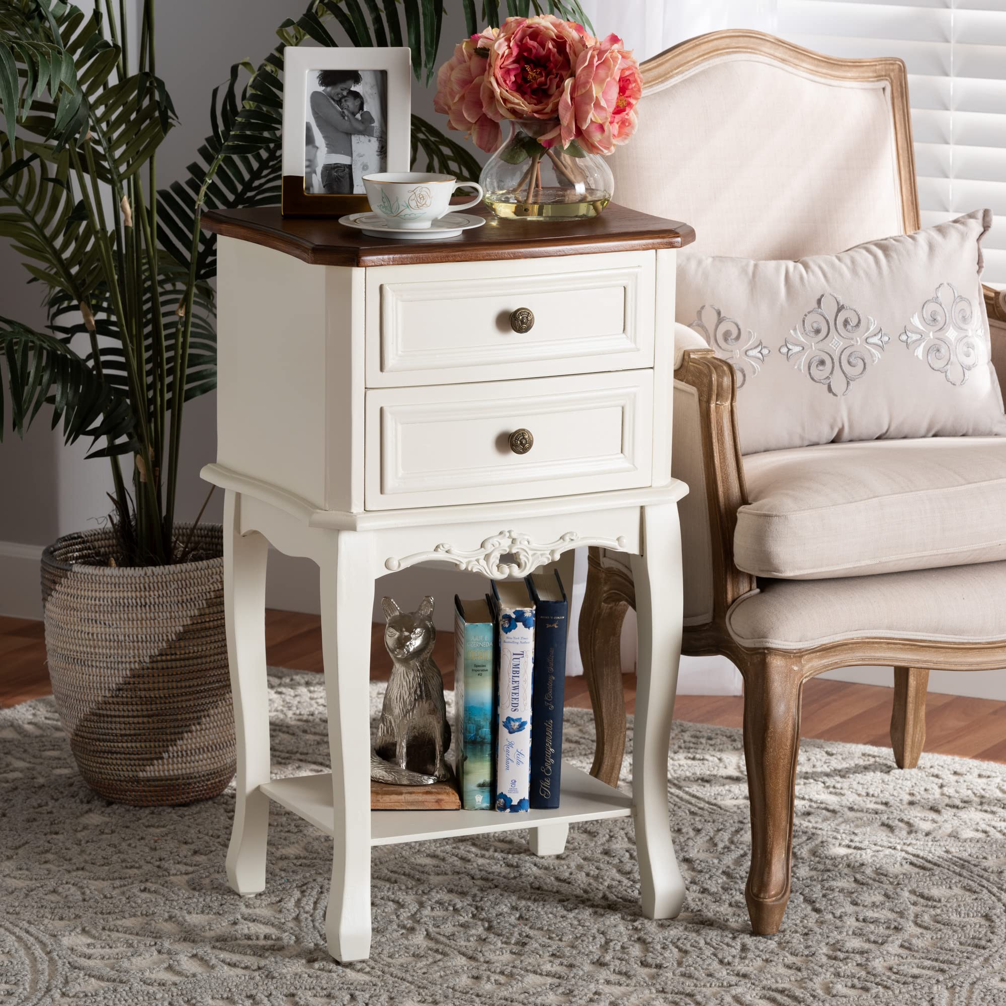 Baxton Studio Modern Nightstand with Drawer - White and Cherry Brown Finish for Bedroom Furniture and Home Decor