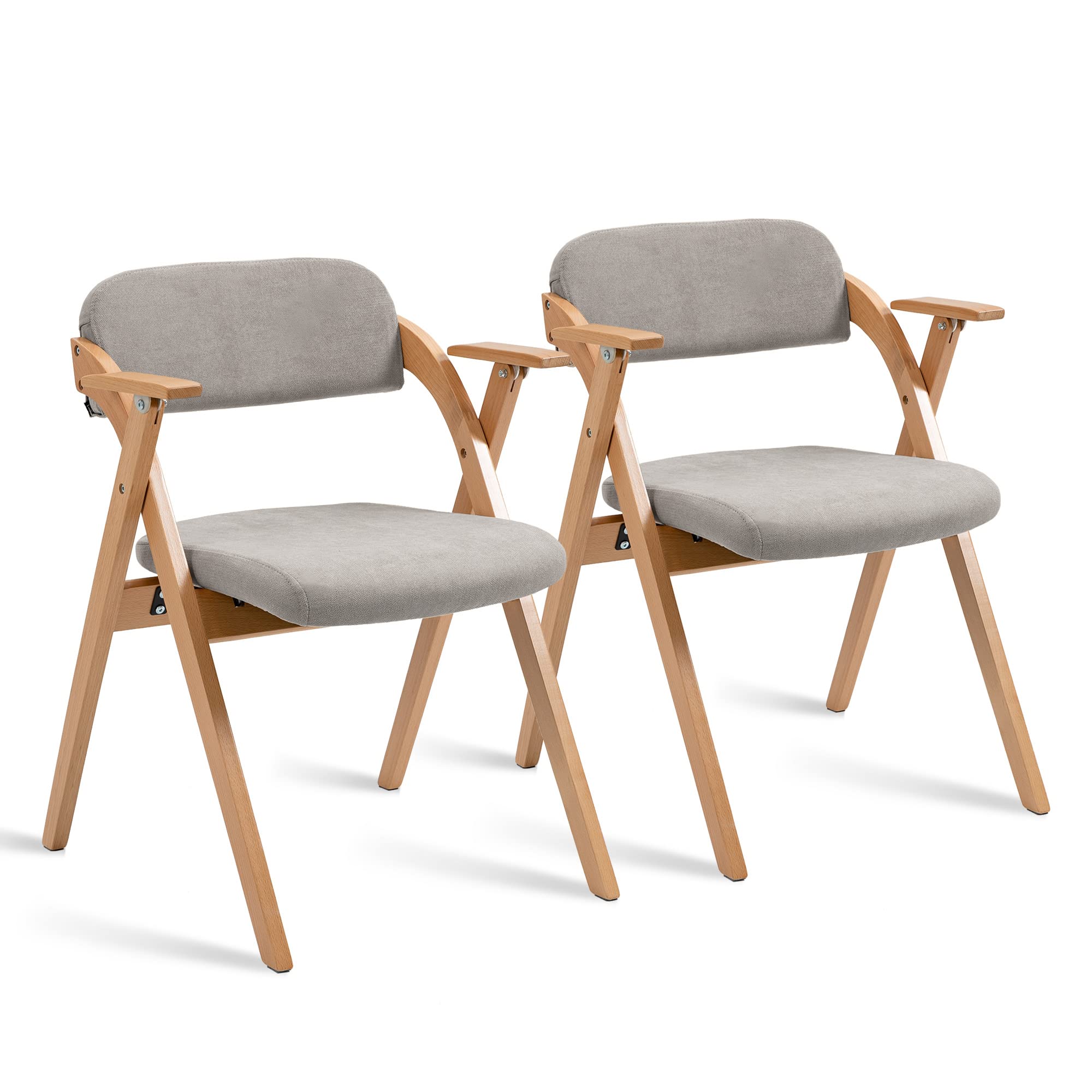 HOMEFUN 2-Pack Wooden Folding Chairs with Armrests & Padded Seats - Stackable Space-Saving Dining Chairs for Kitchen, Office, Wedding, Party & Guest Seating (Gray) - Perfect for Indoor & Outdoor Events, Home Decor & Compact Living Spaces