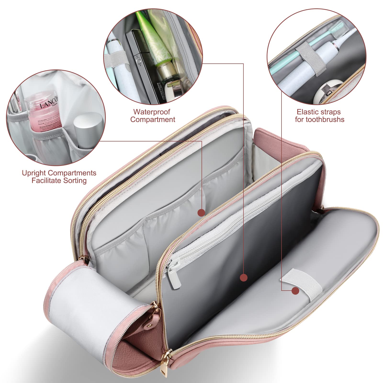 BOOMRICH Large Water-Resistant Leather Travel Makeup Bag for Women - Cosmetic & Toiletry Organizer with Multiple Pockets, Pink - Perfect for Vacation, Gym, Business Trips & Daily Essentials Storage