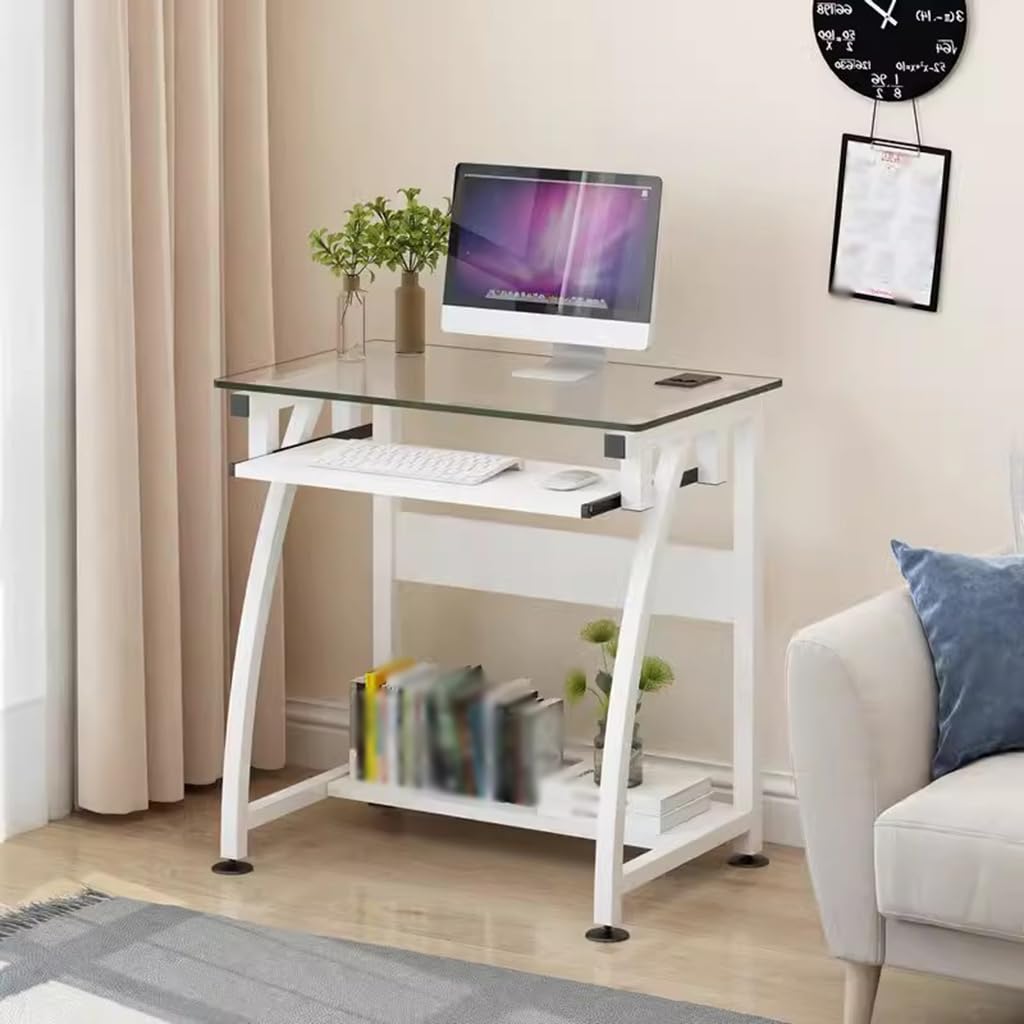 Modern White Computer Desk with Storage Shelves - 60x40x75cm Tempered Glass Study Desk for Home Office, Bedroom & Small Spaces - Easy Assembly & Minimalist Design