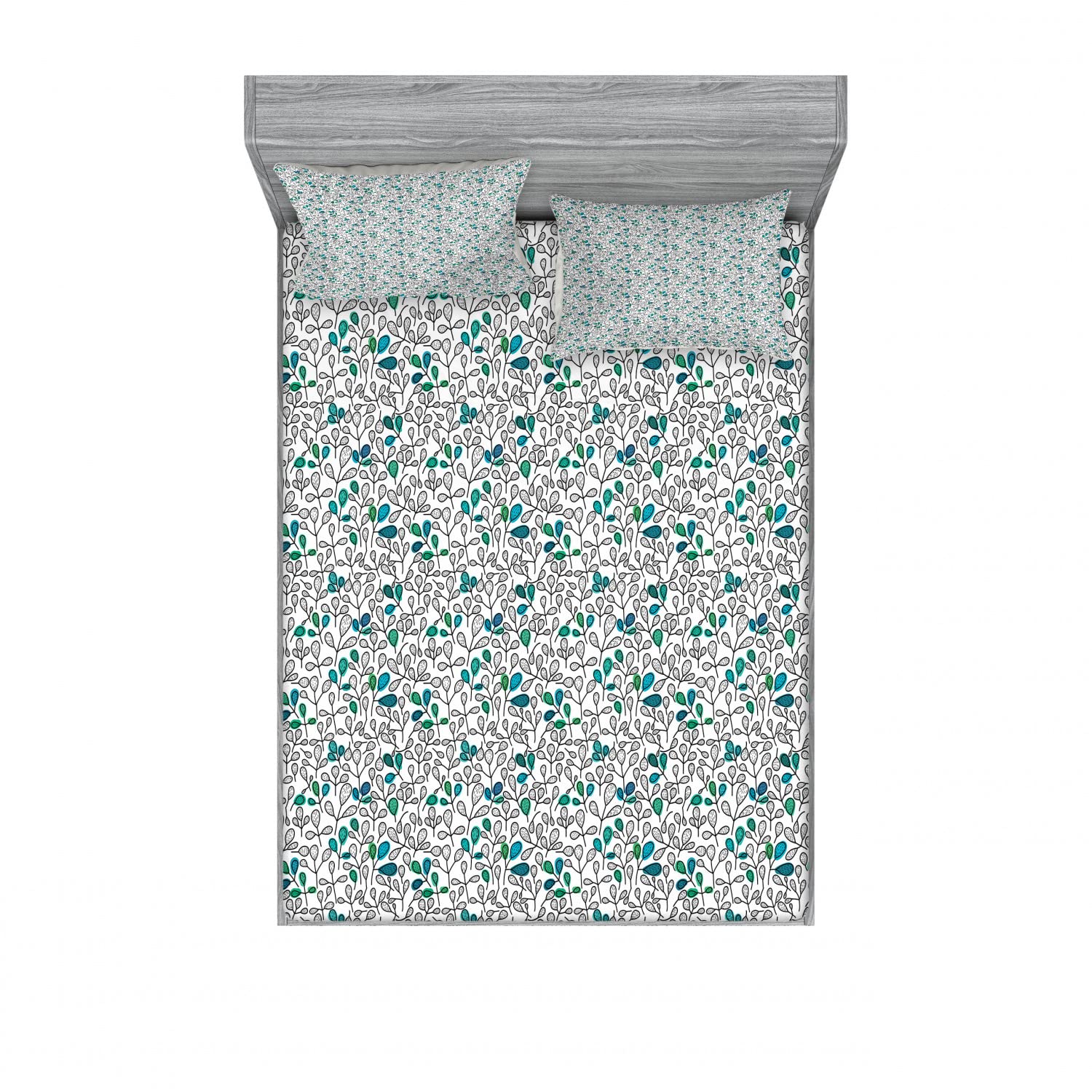 Ambesonne Abstract 2-Pack Full Size Fitted Sheet Set with 4 Pillow Shams - Blue Doodle Leaf Pattern Bedding Decor - Soft Wrinkle-Resistant Fabric for Guest Rooms, Dorms & Cozy Bedrooms