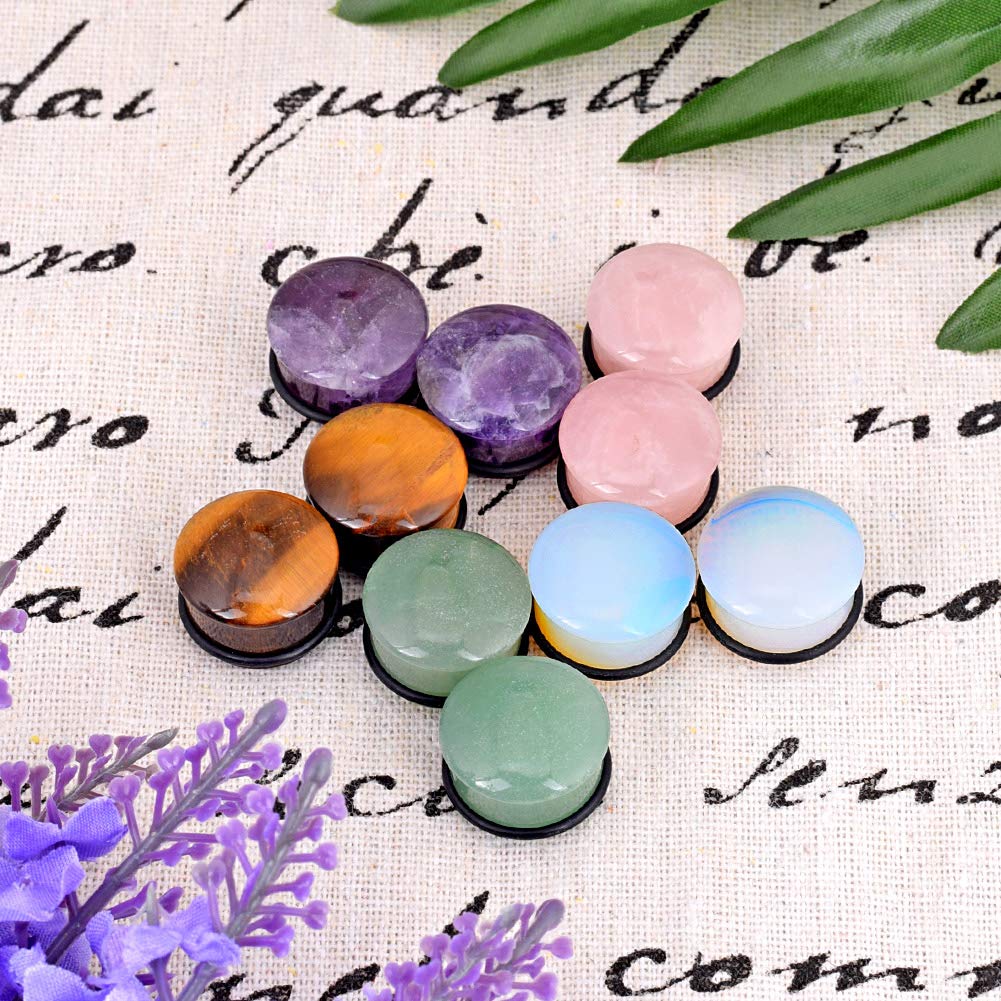 Longbeauty 10Pcs Mixed Stone Ear Gauges Plugs - Single Flared Tunnels with O-Rings for Ear Stretching & Piercing - Perfect for Body Jewelry & Alternative Fashion