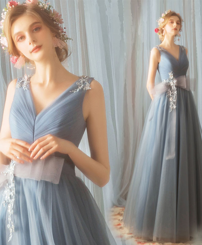 Elegant Blue V-Neck Tulle Lace Long Prom Dress for Women - Formal Evening Gown for Homecoming, Ball, Wedding & Special Occasions