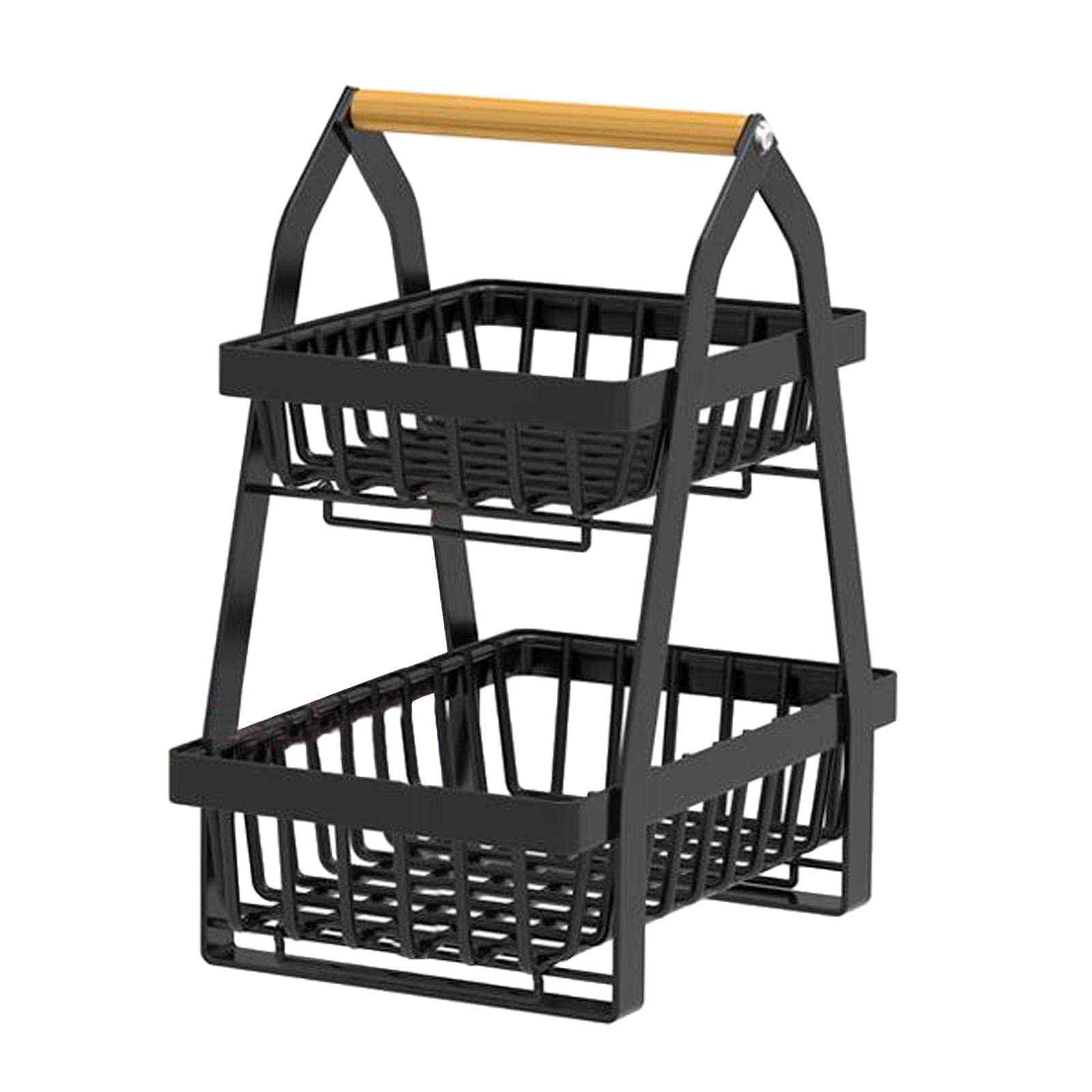 2-Tier Fruit Basket with Wooden Handle - Countertop Organizer for Bread, Snacks, Vegetables - Detachable Kitchen Storage Display Stand (Black) - Perfect for Pantry, Dining Table, and Kitchen Counter Organization