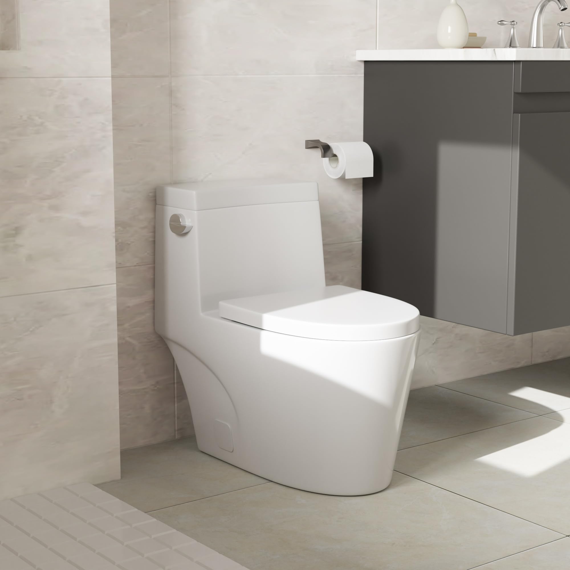 **Sarlai 1.28 GPF Modern White Ceramic One-Piece Toilet - Elongated Comfort Height, 12