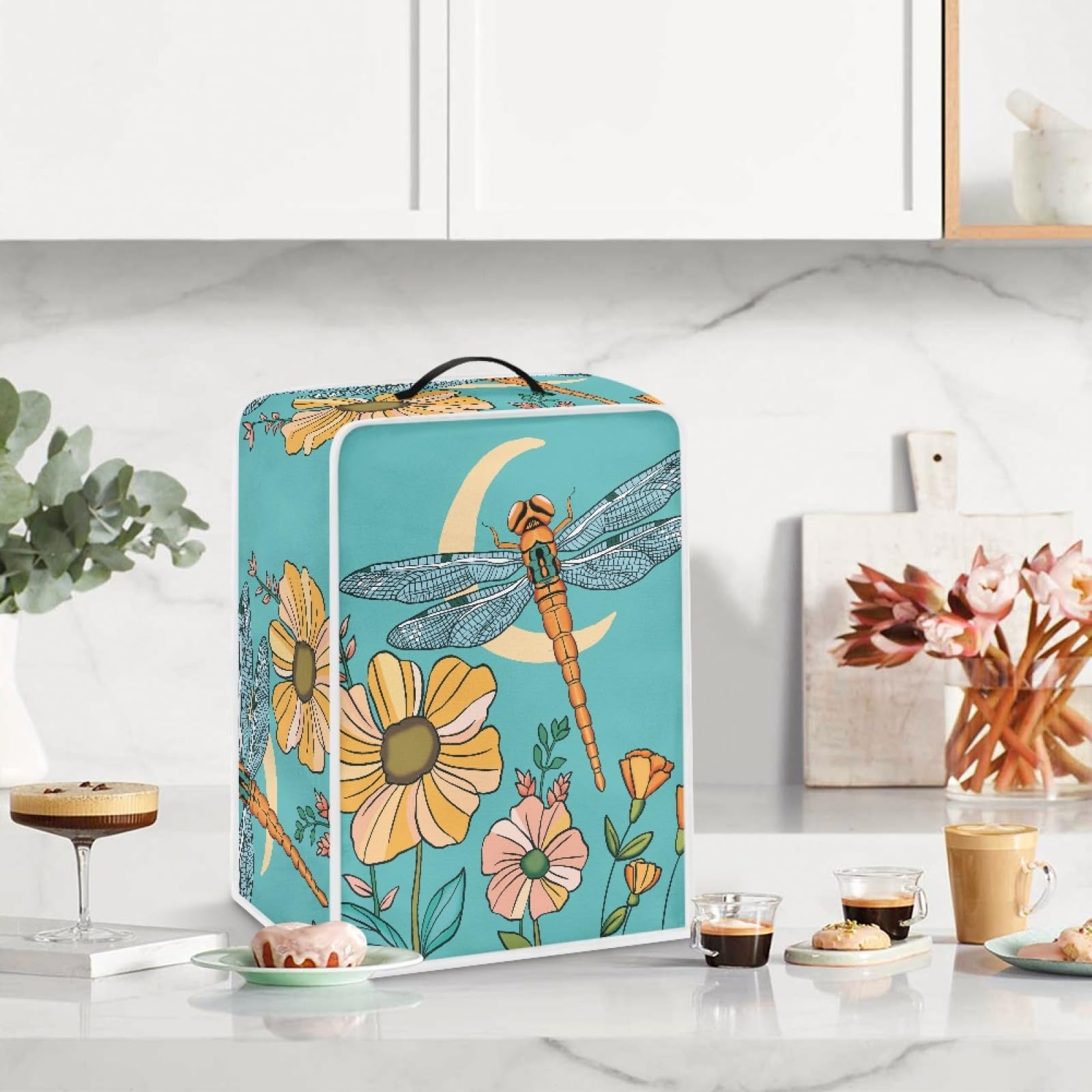 Dragonfly Floral Moon Coffee Maker Cover - Dust Protection for Coffee Machine, Stand Mixer, Juicer - Stylish Kitchen Appliance Cover for Women - Perfect for Home, Kitchen Countertop & Small Appliances