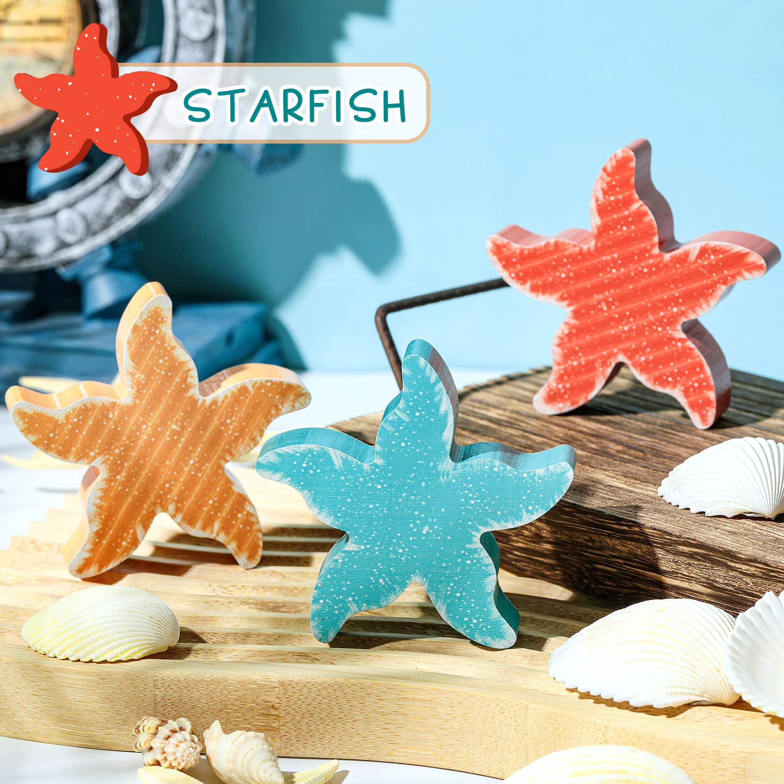 3-Piece Ocean Beach Tiered Tray Decor Set - Mini Summer Wooden Signs, Farmhouse Rustic Wood Nautical Decorations for Home, Office, Bedroom, Table, Shelf & Desk (Starfish Design) - Perfect for Coastal Themed Parties, Baby Showers & Beach House Decor