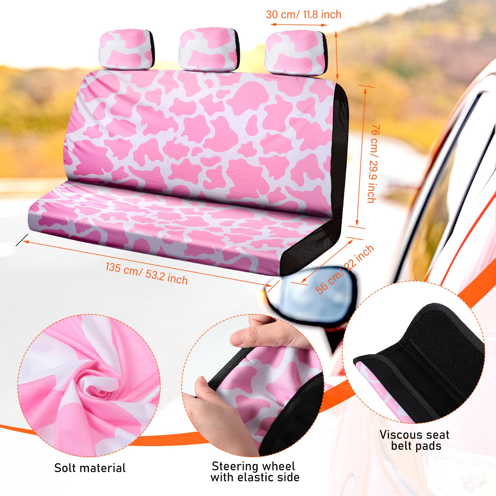 Frienda 26-Piece Cow Print Car Accessories Set - Cute Cow Pattern Seat Covers, Steering Wheel Cover, Floor Mats, Console Pad & Cup Holders for Women - Perfect for Jeep, SUV & Sedan Interior Decor