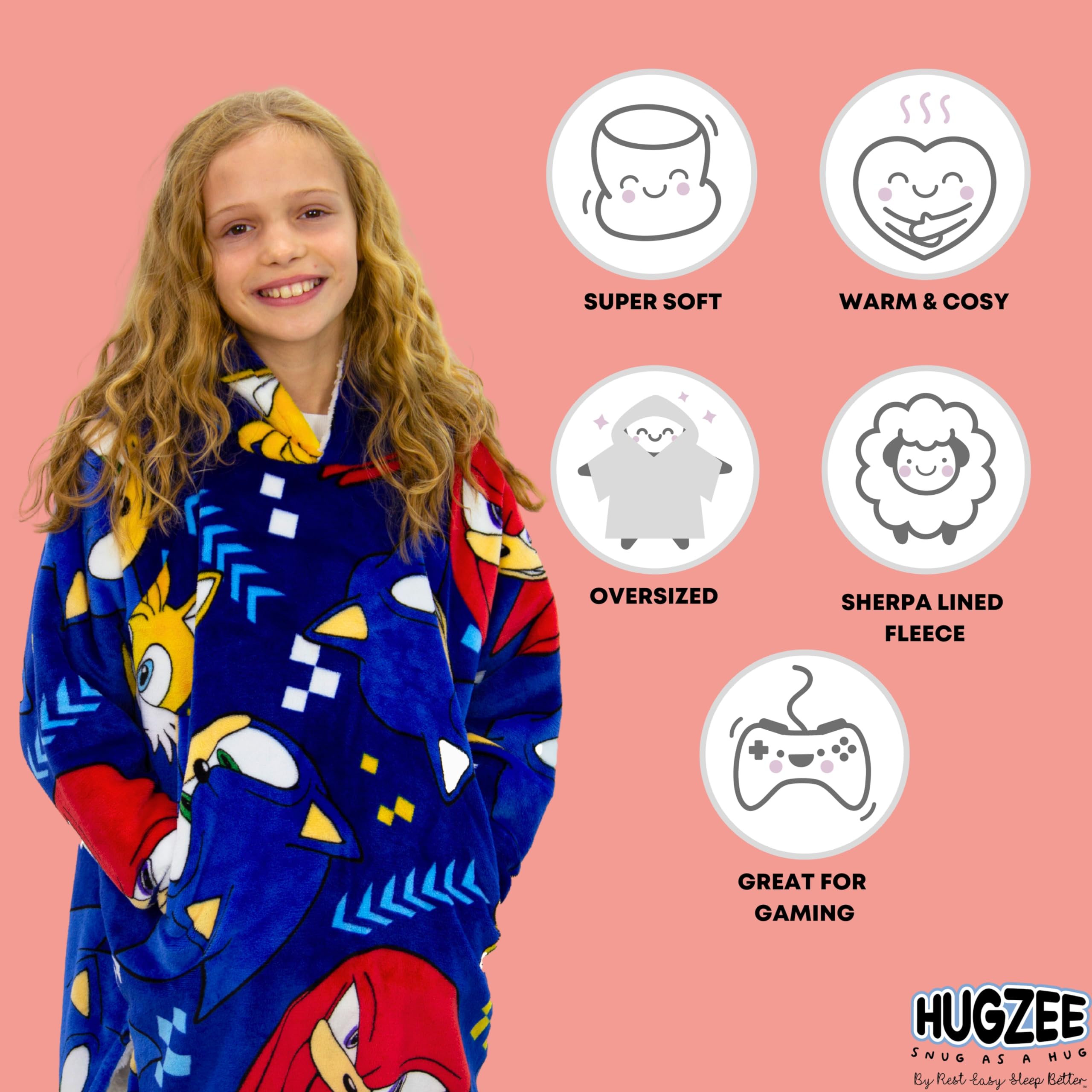 Sonic the Hedgehog Fleece Hooded Blanket for Boys | Wearable Soft Plush Throw | UK Size 7-12 | Perfect for Gaming, Movie Nights & Sleepovers